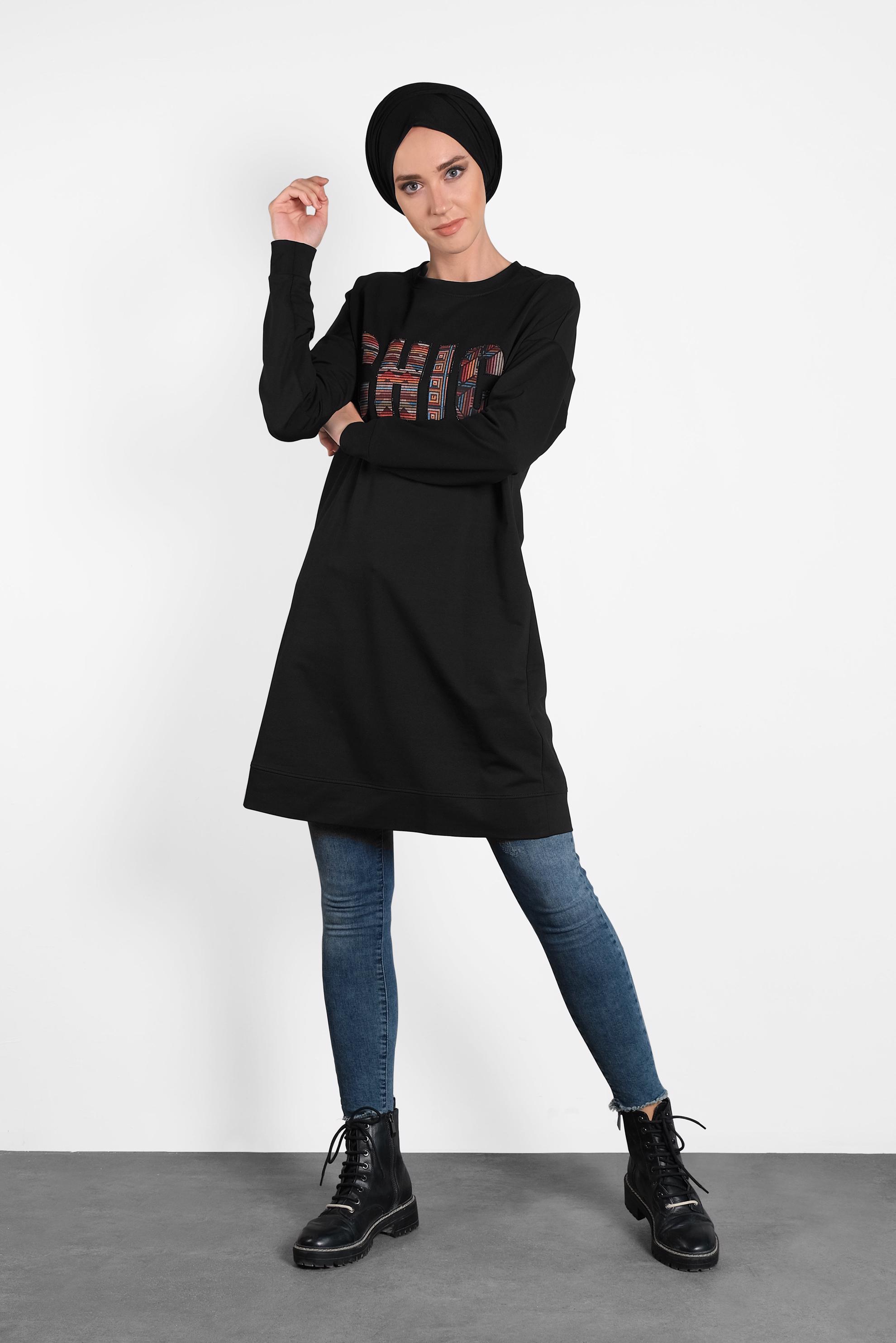 Tesettür giyim SİYAH BASKI DETAYLI EŞOFMAN TUNİK 40159 