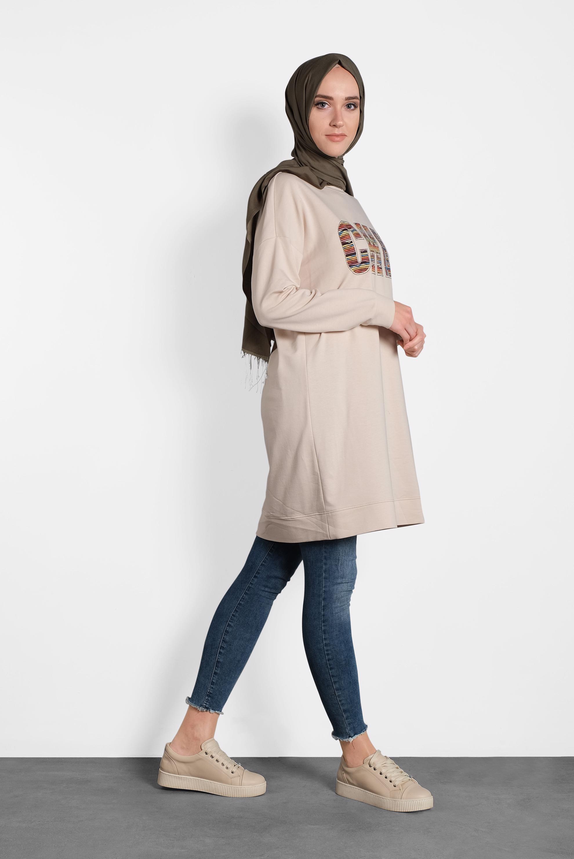 Tesettür giyim BEJ BASKI DETAYLI EŞOFMAN TUNİK 40159 