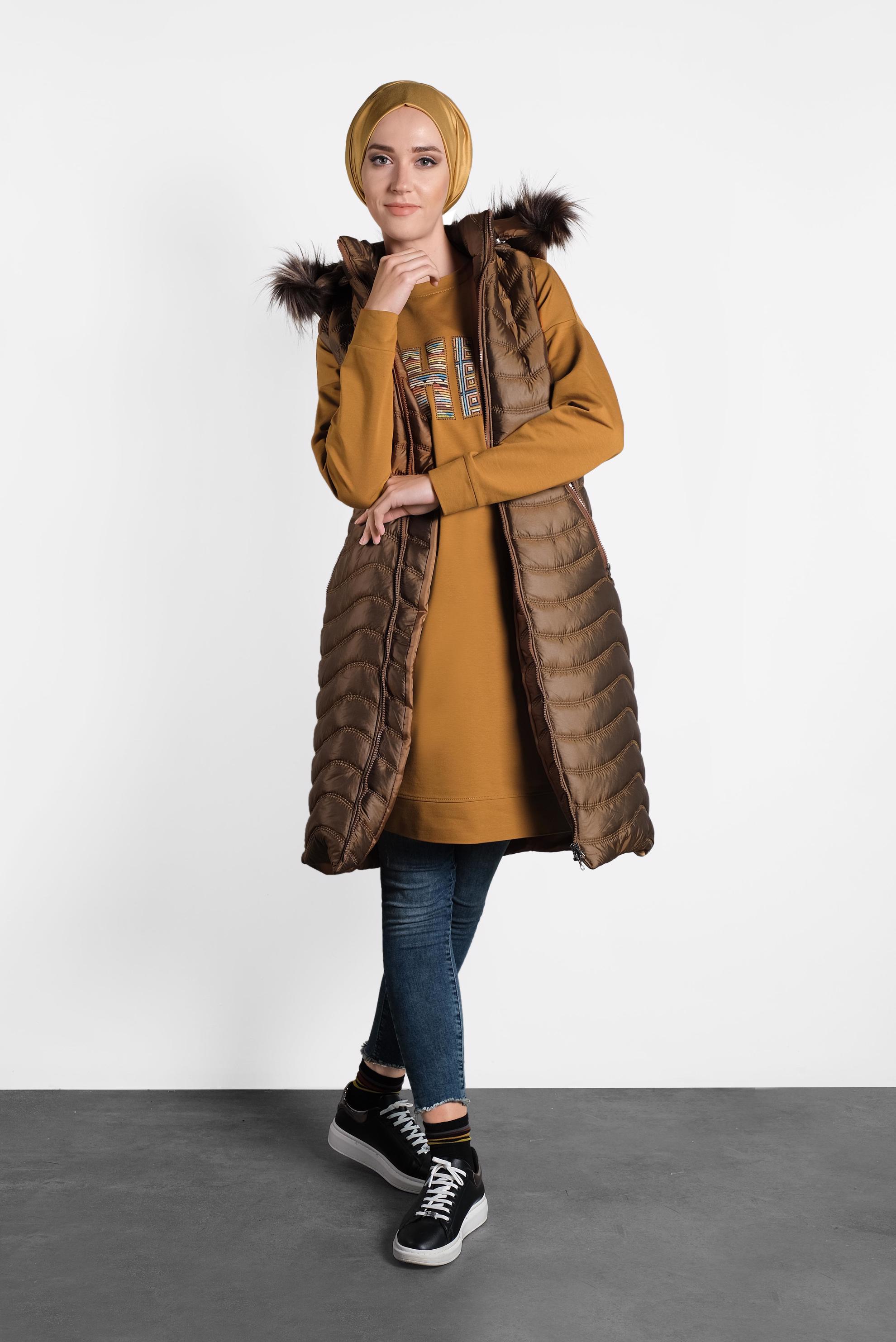 Tesettür giyim SARI BASKI DETAYLI EŞOFMAN TUNİK 40159 