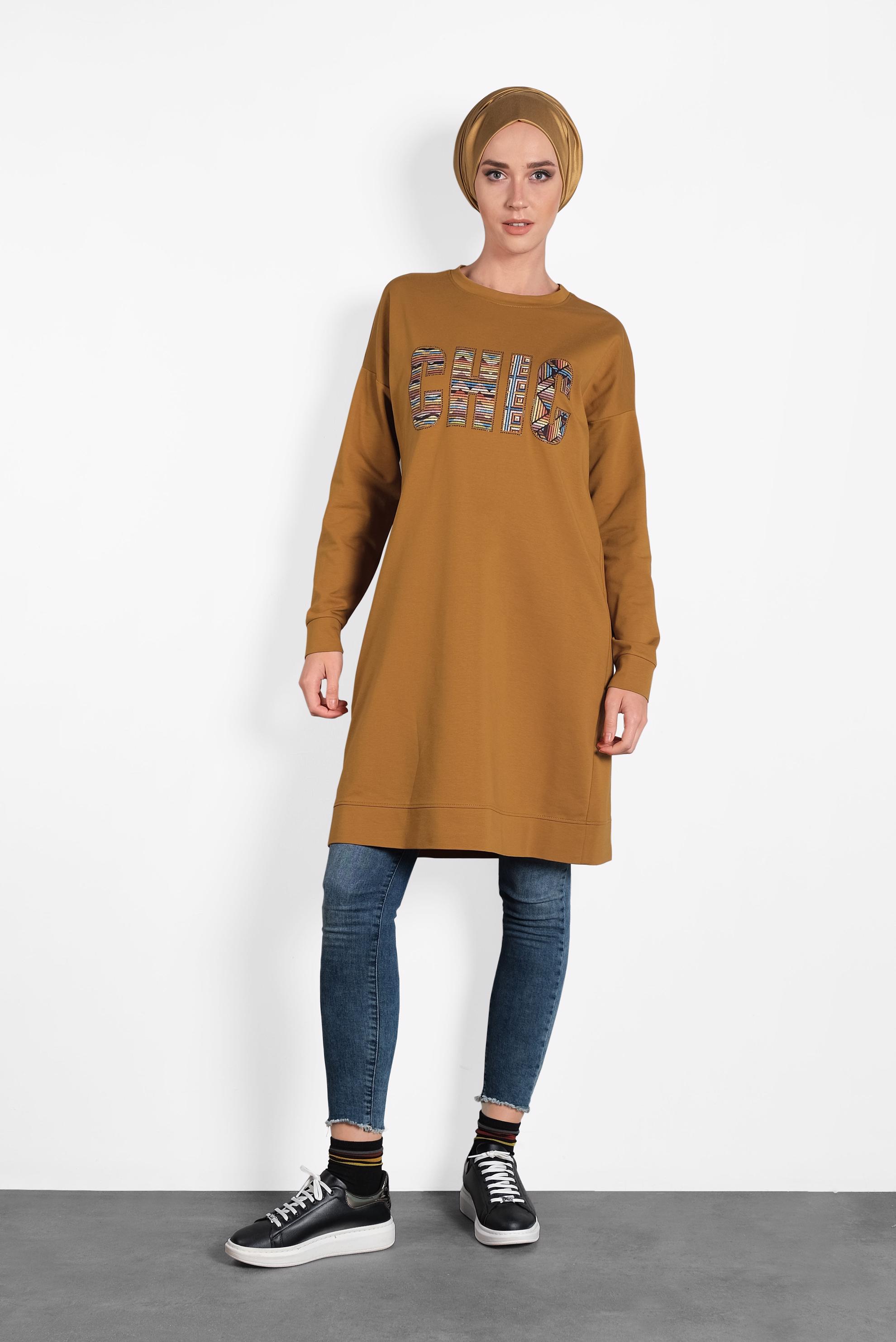 Tesettür giyim SARI BASKI DETAYLI EŞOFMAN TUNİK 40159 