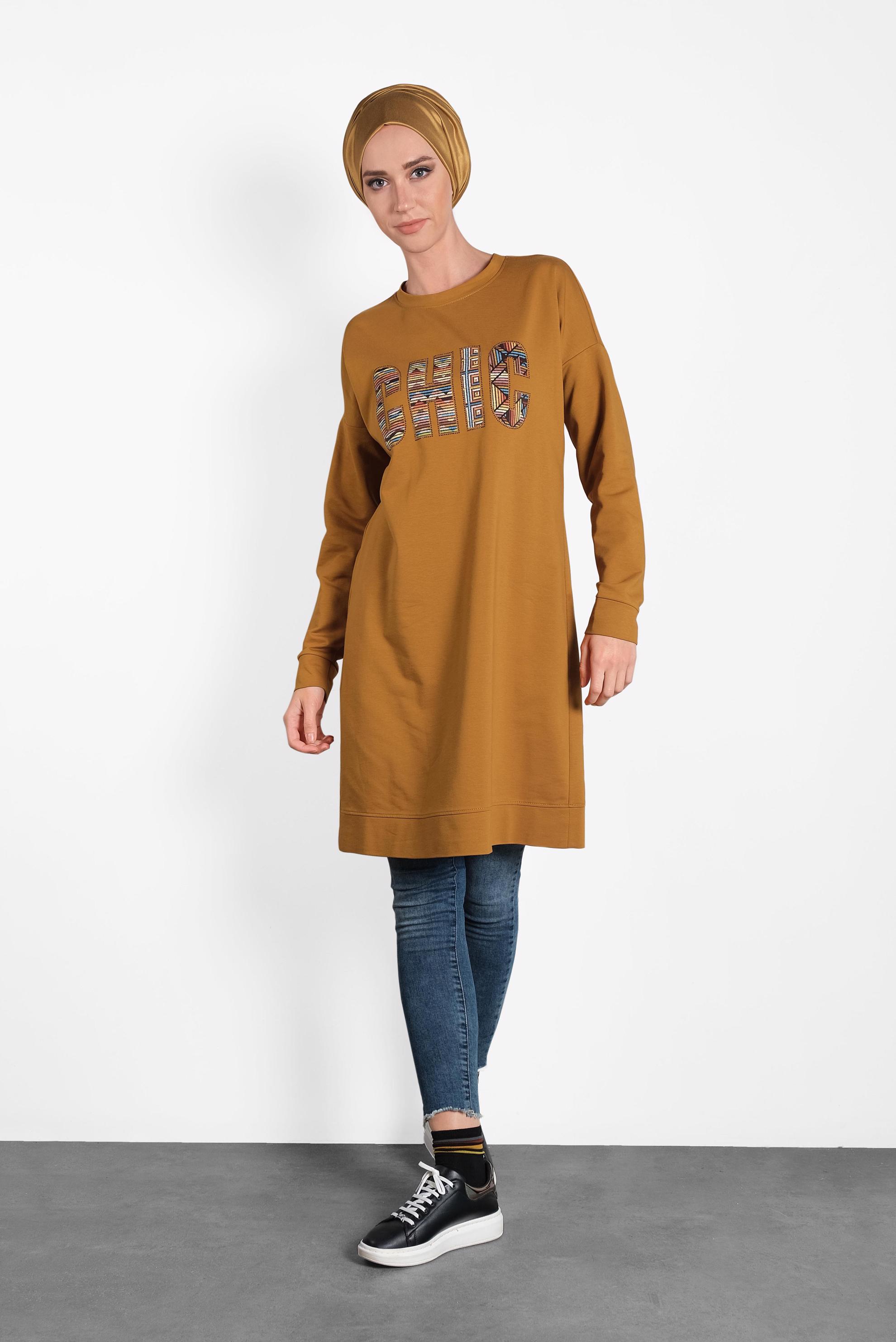 Tesettür giyim SARI BASKI DETAYLI EŞOFMAN TUNİK 40159 