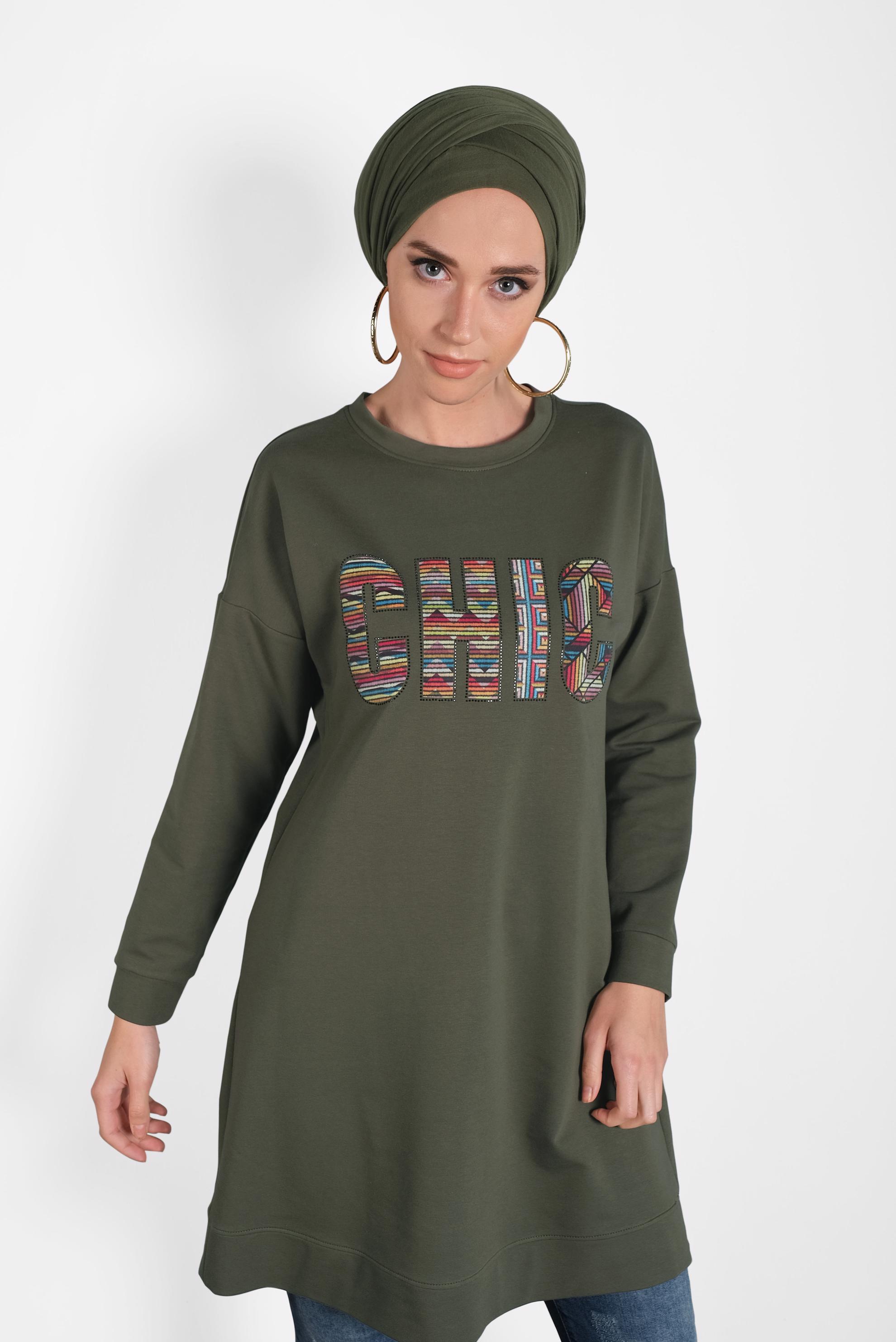 Tesettür giyim HAKİ BASKI DETAYLI EŞOFMAN TUNİK 40159 