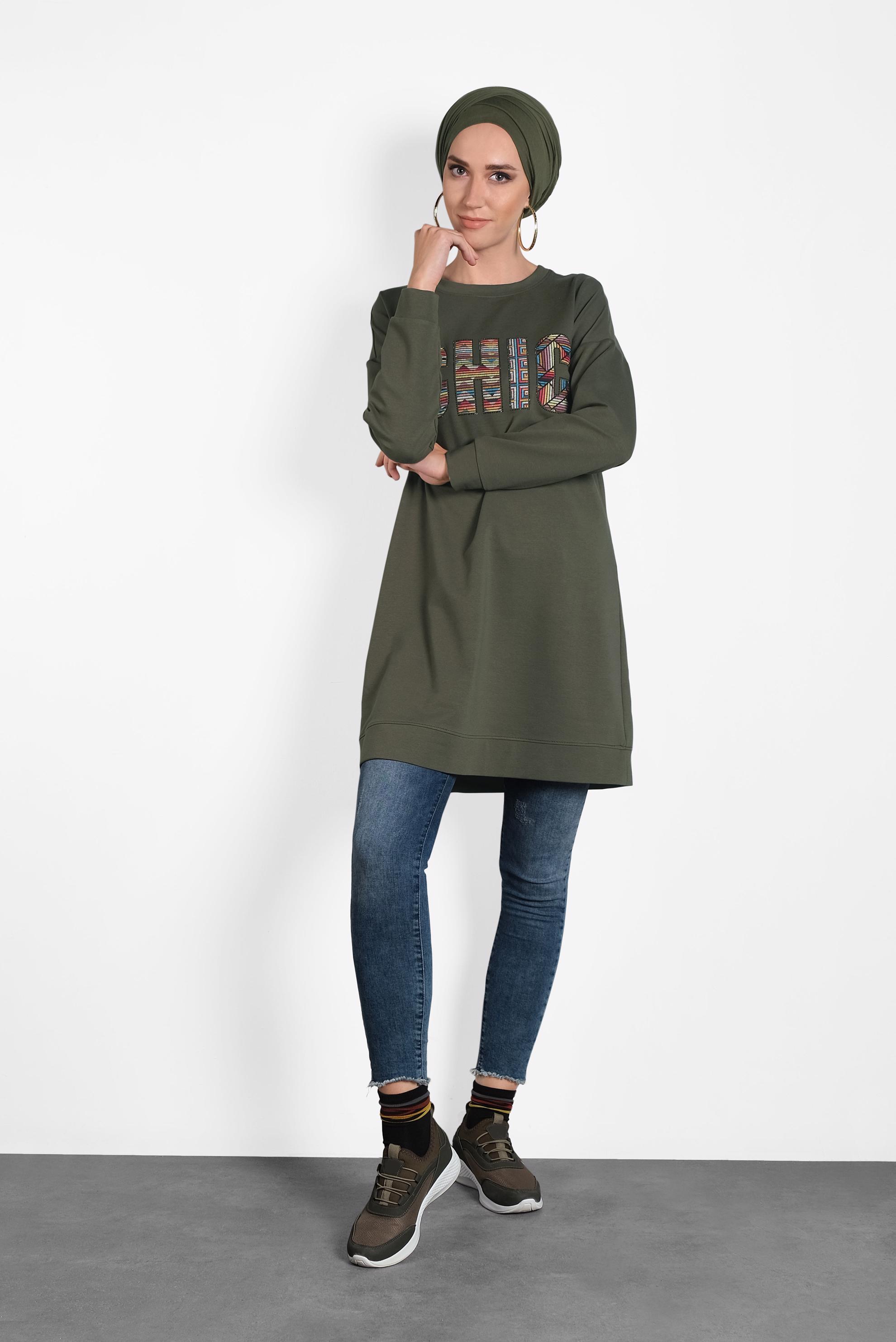 Tesettür giyim HAKİ BASKI DETAYLI EŞOFMAN TUNİK 40159 