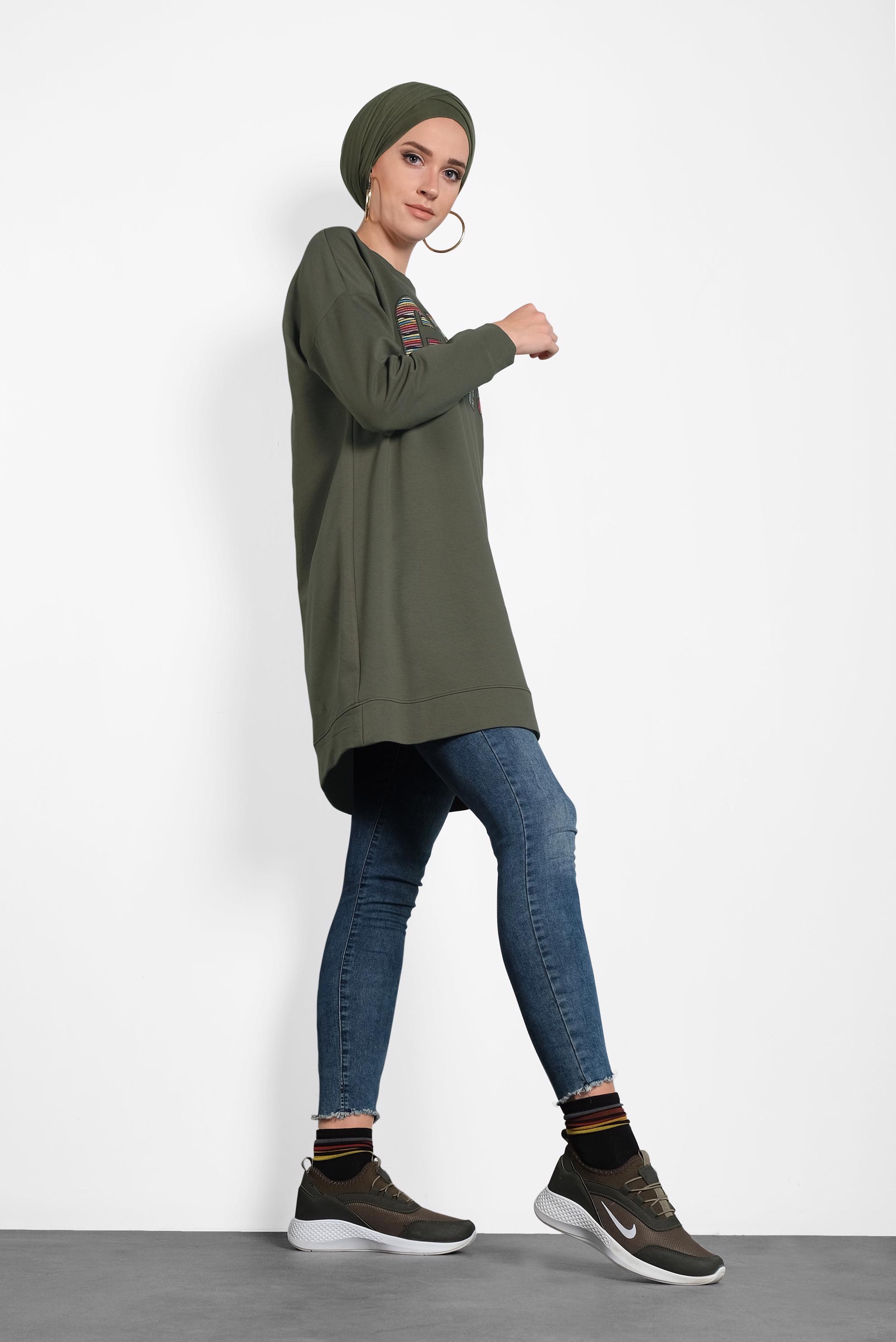 Tesettür giyim HAKİ BASKI DETAYLI EŞOFMAN TUNİK 40159 