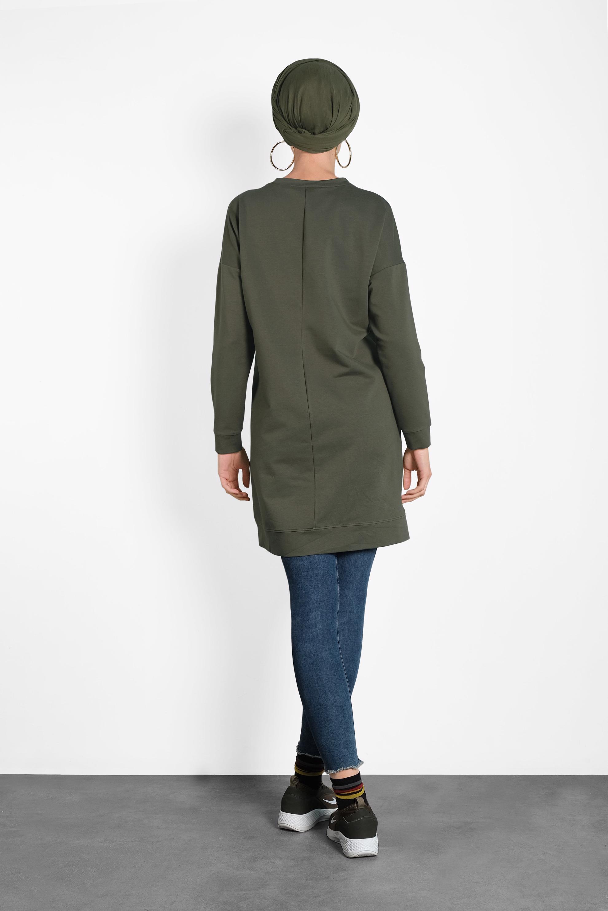 Tesettür giyim HAKİ BASKI DETAYLI EŞOFMAN TUNİK 40159 