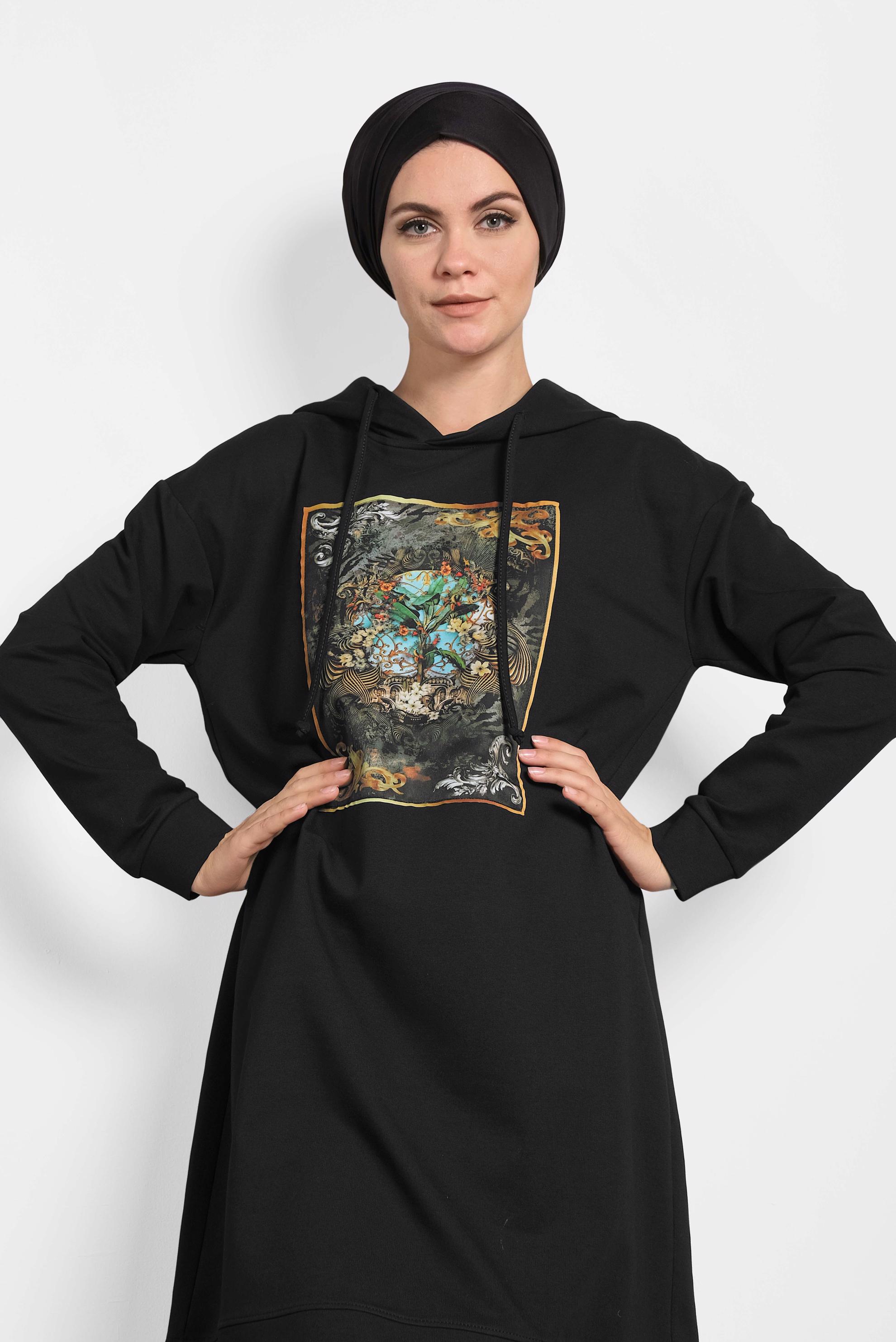 Tesettür giyim SİYAH DESENLİ PAMUKLU EŞOFMAN TUNİK 40160