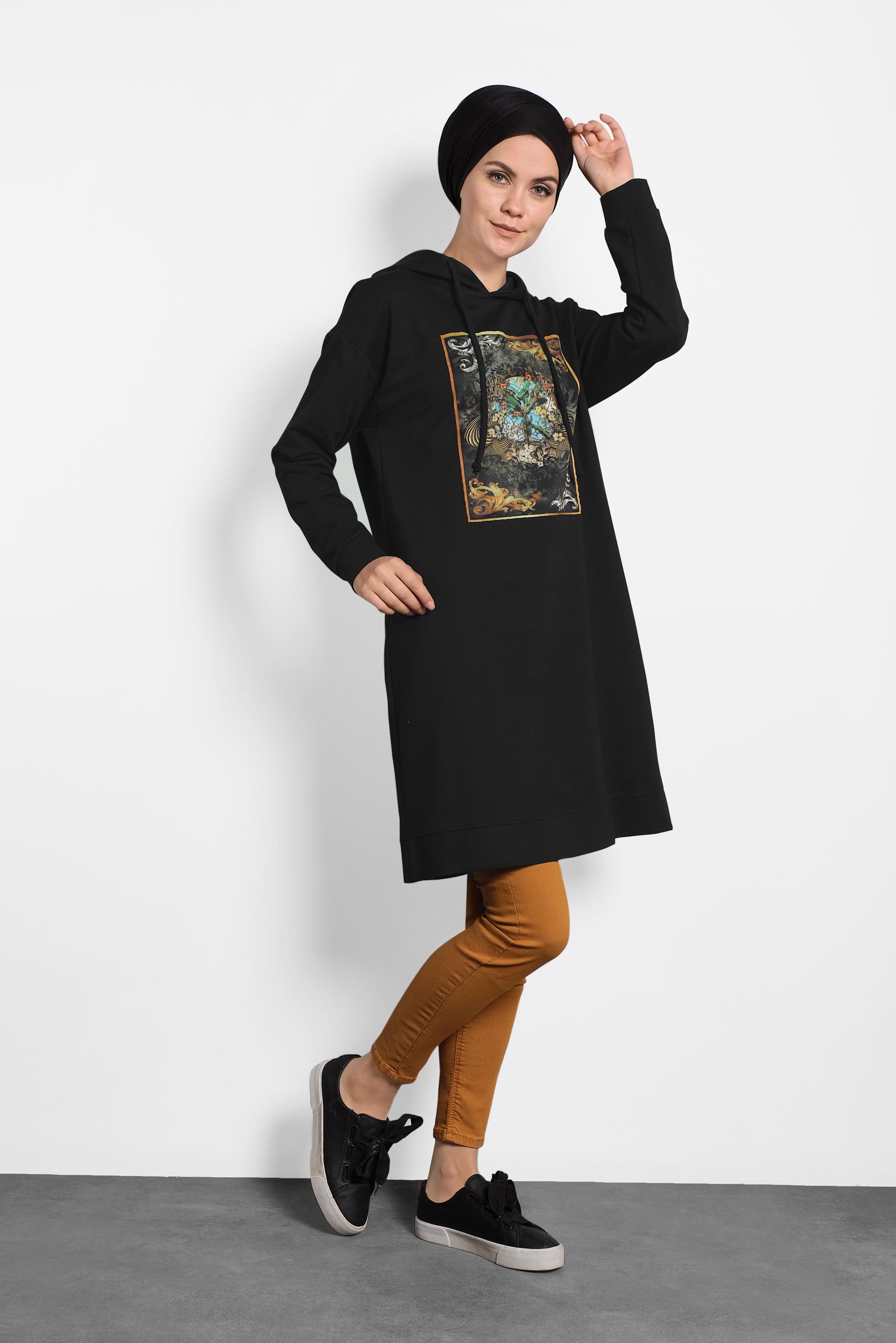 Tesettür giyim SİYAH DESENLİ PAMUKLU EŞOFMAN TUNİK 40160