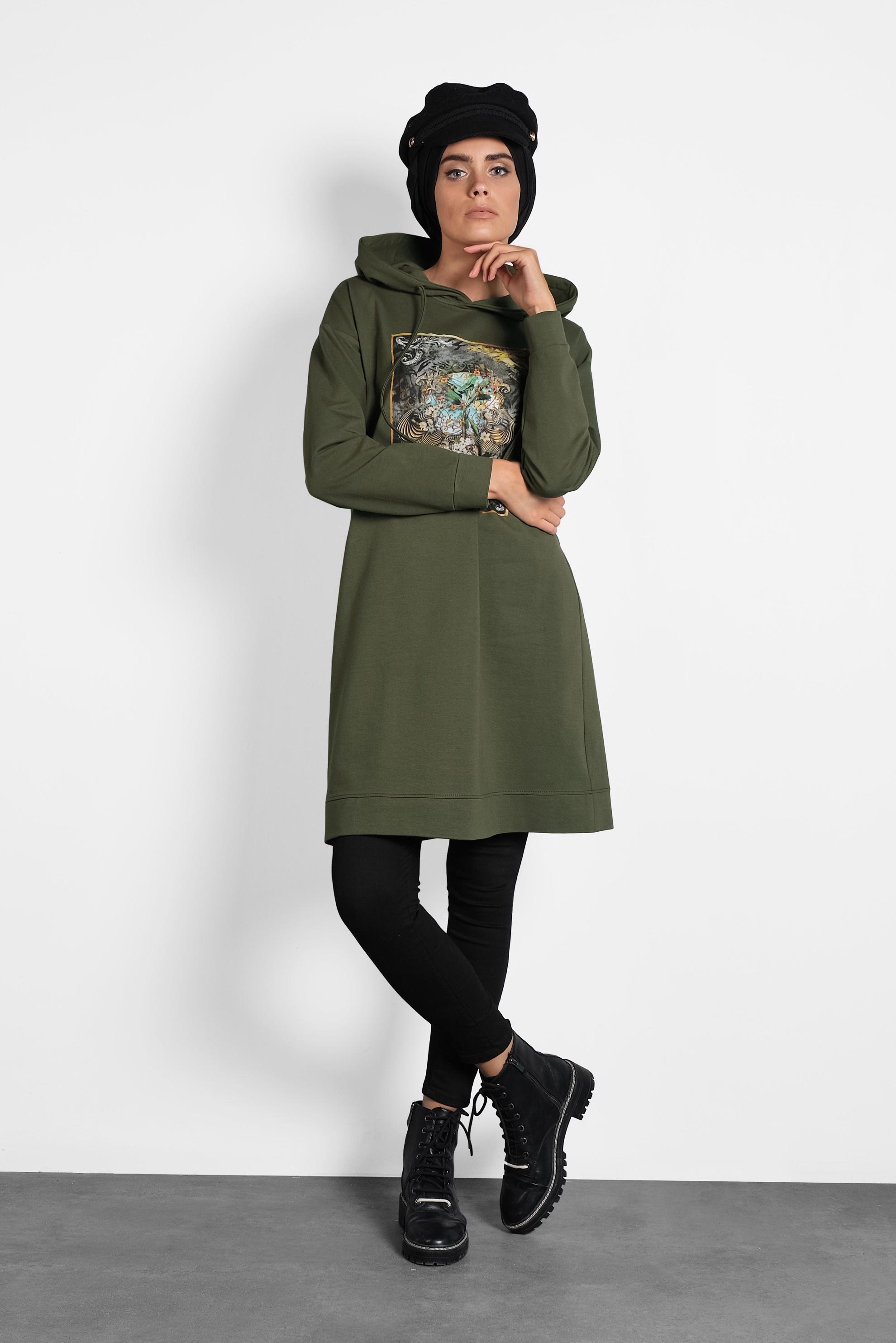 Tesettür giyim HAKİ DESENLİ PAMUKLU EŞOFMAN TUNİK 40160