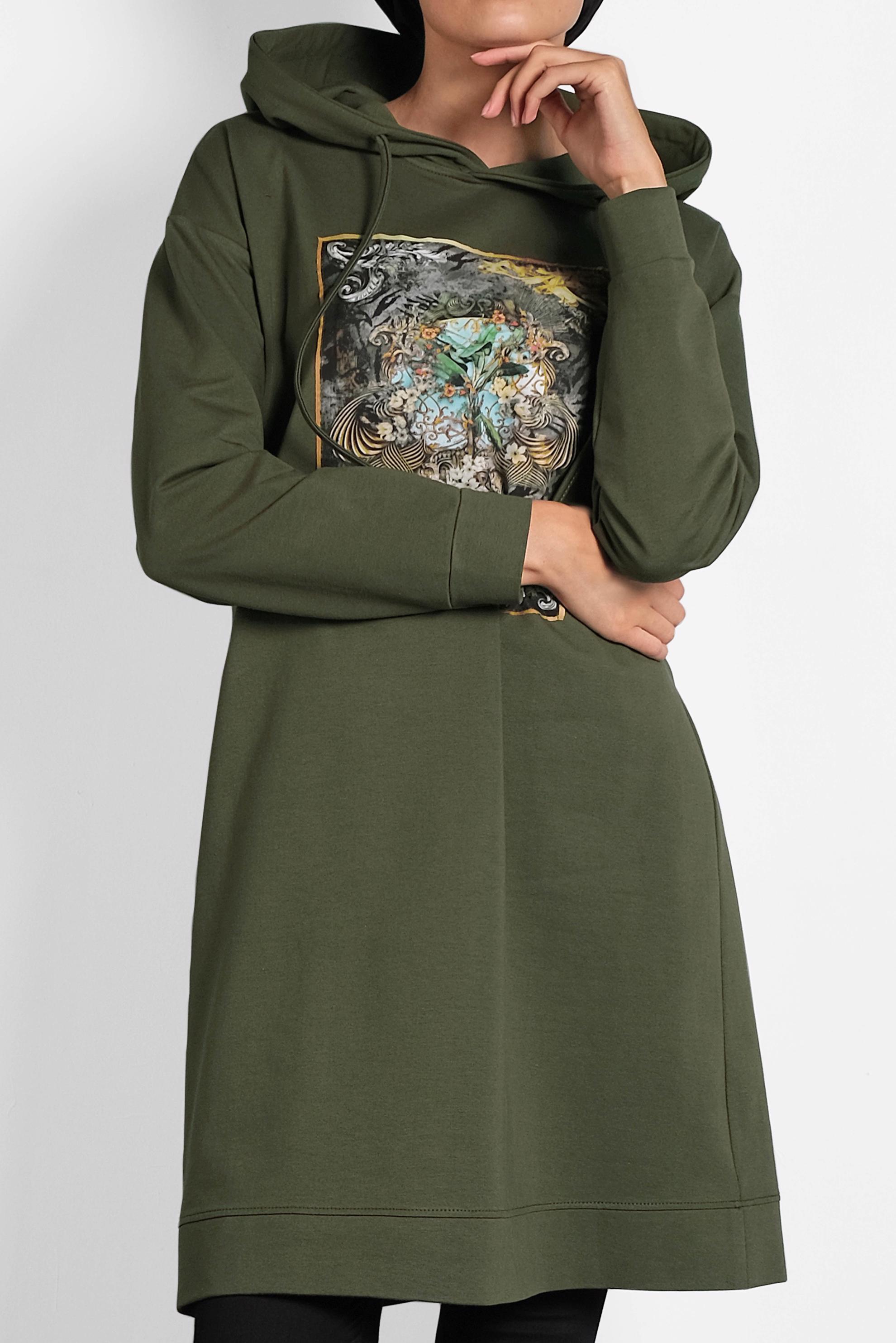 Tesettür giyim HAKİ DESENLİ PAMUKLU EŞOFMAN TUNİK 40160