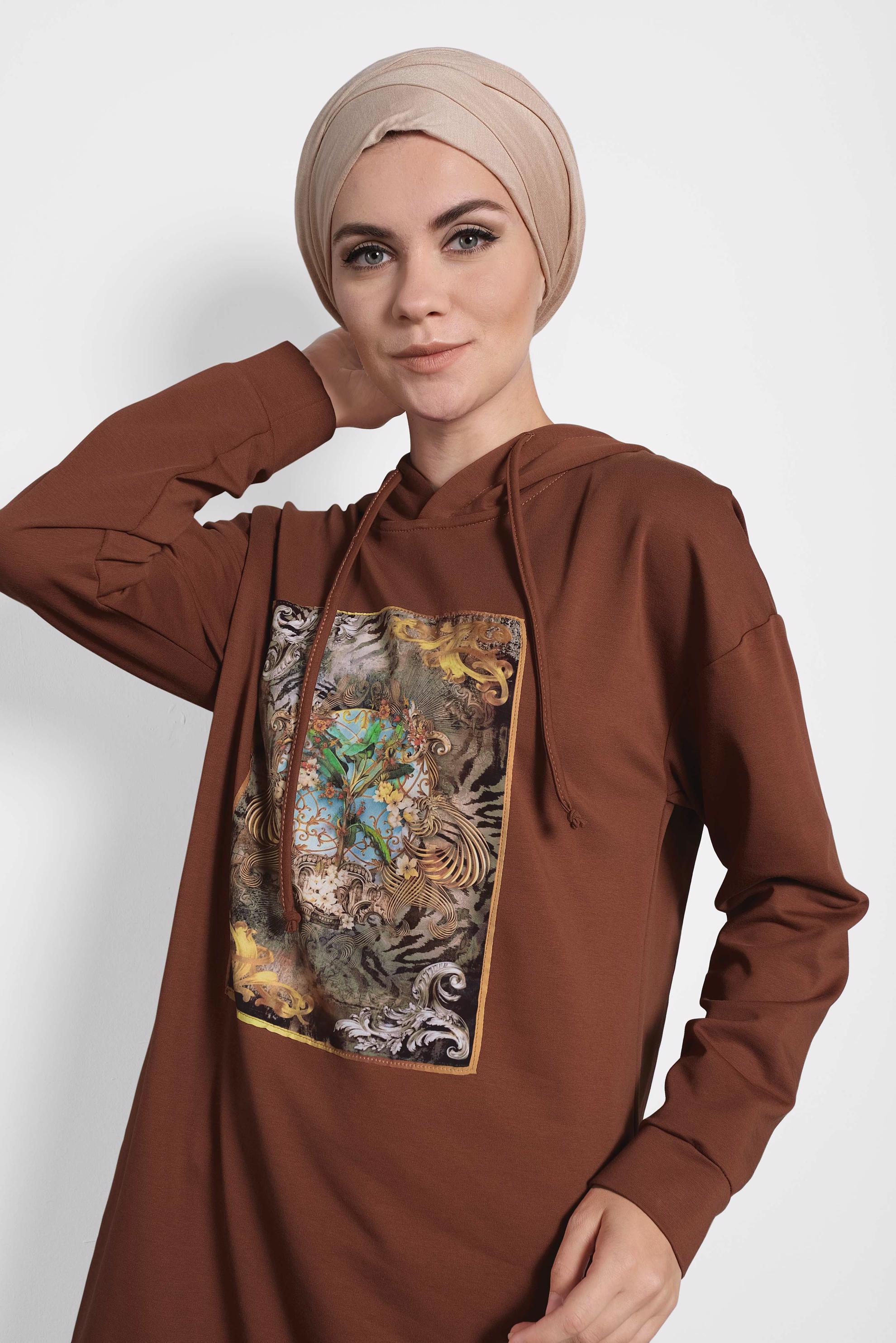 Tesettür giyim TURUNCU DESENLİ PAMUKLU EŞOFMAN TUNİK 40160