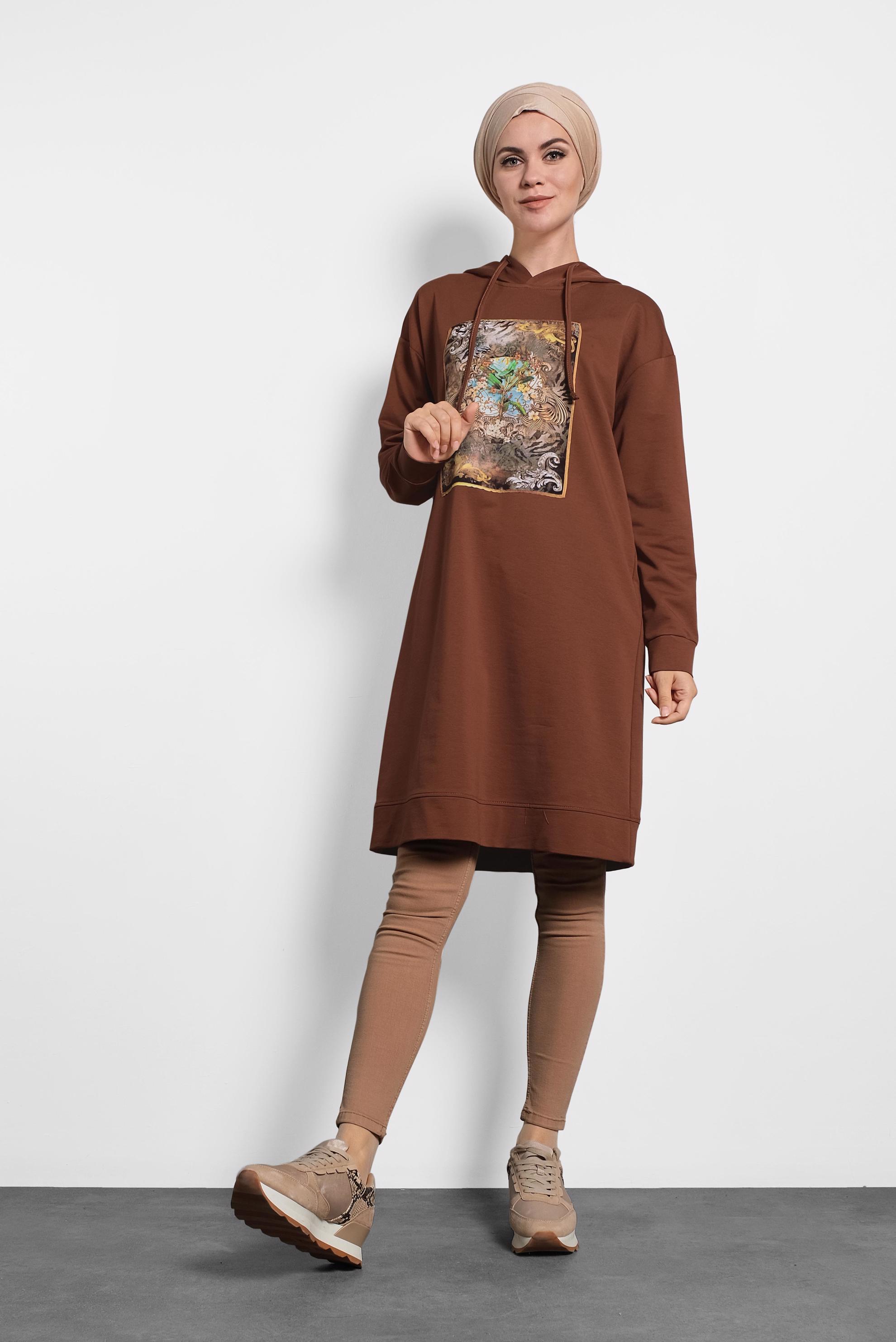 Tesettür giyim TURUNCU DESENLİ PAMUKLU EŞOFMAN TUNİK 40160