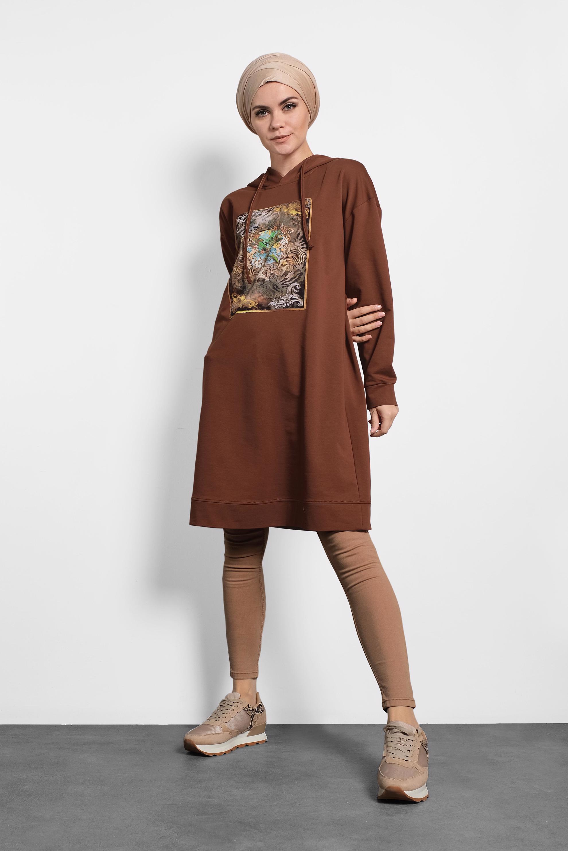 Tesettür giyim TURUNCU DESENLİ PAMUKLU EŞOFMAN TUNİK 40160