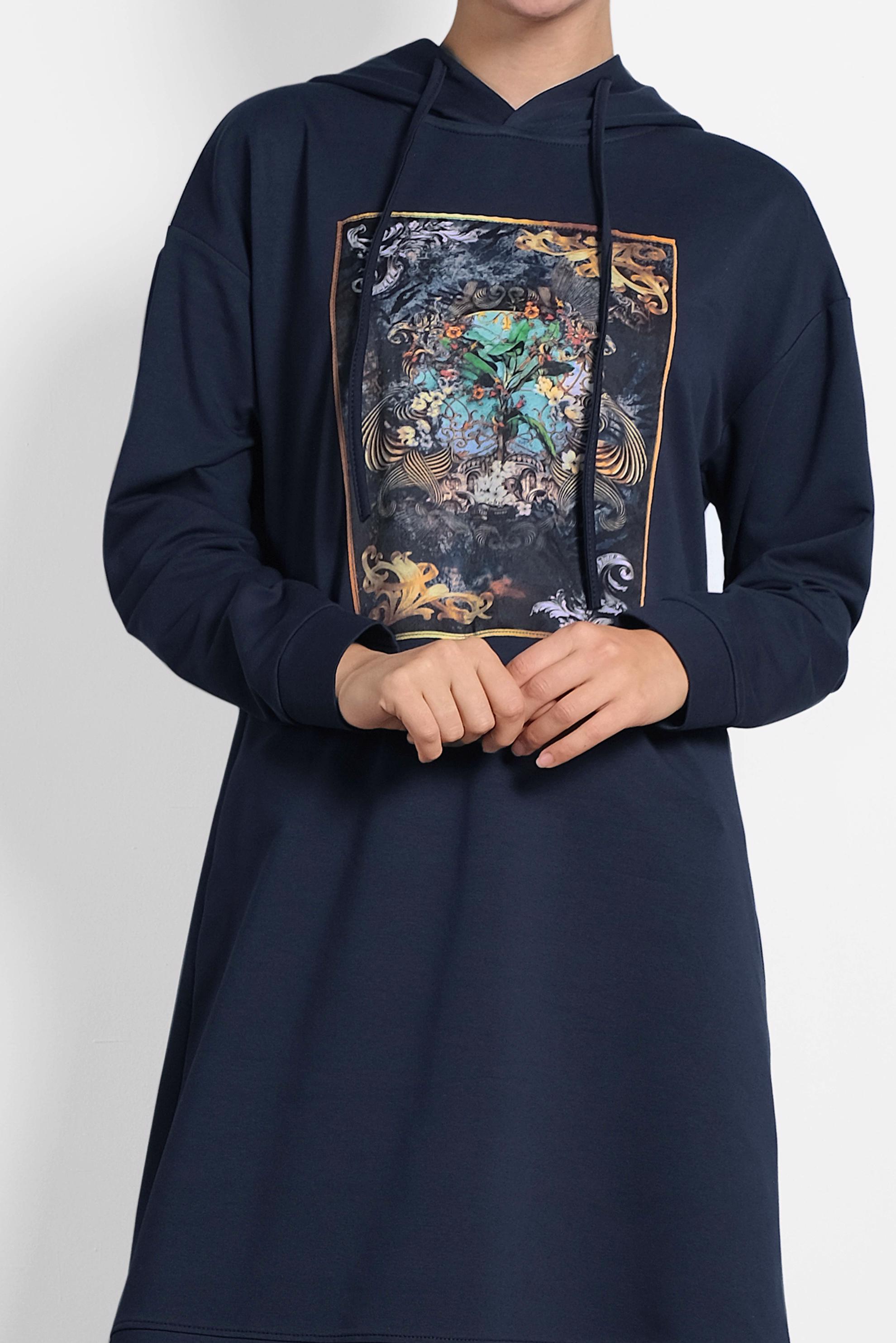 Tesettür giyim LACİVERT DESENLİ PAMUKLU EŞOFMAN TUNİK 40160