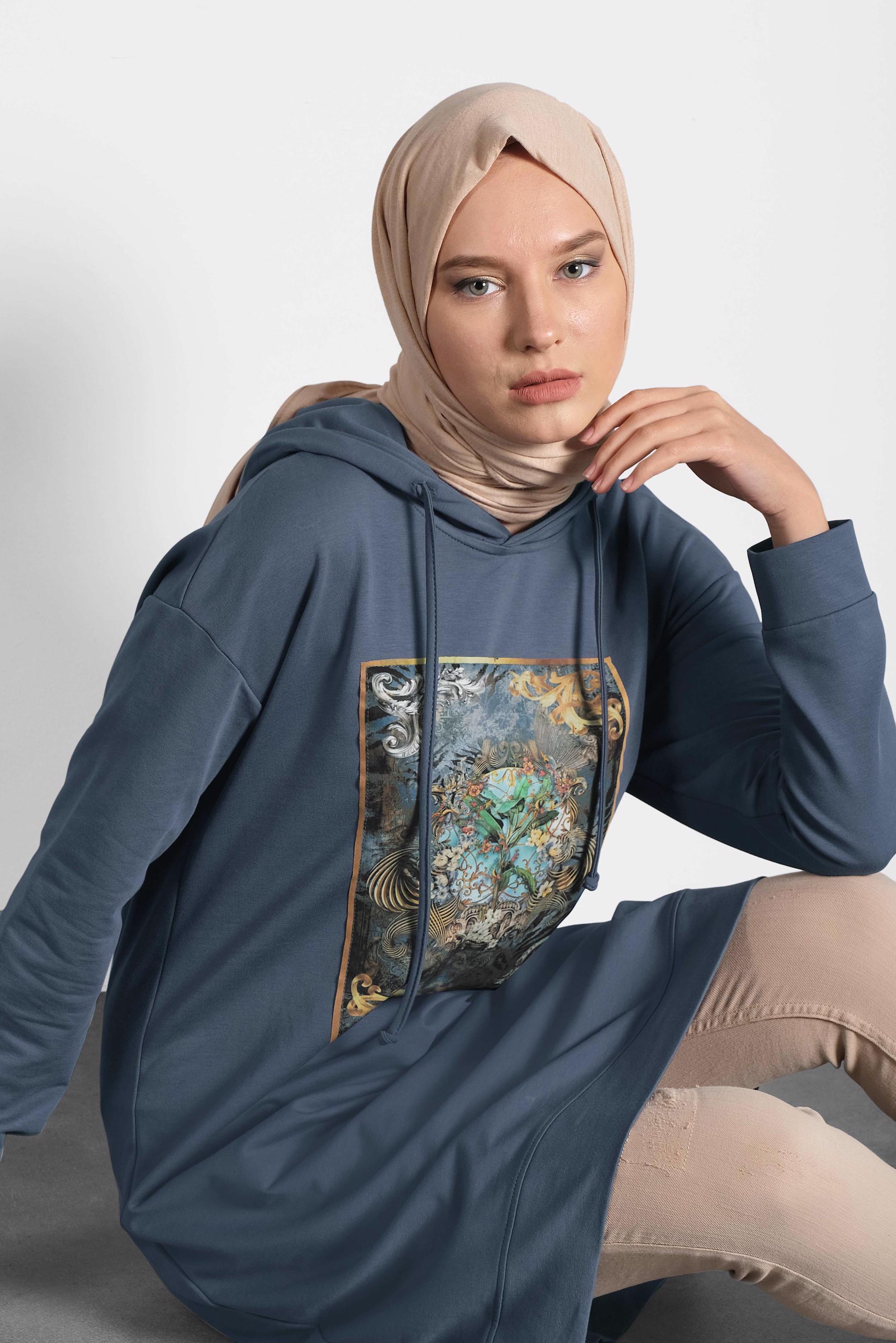 Tesettür giyim LACİVERT DESENLİ PAMUKLU EŞOFMAN TUNİK 40160