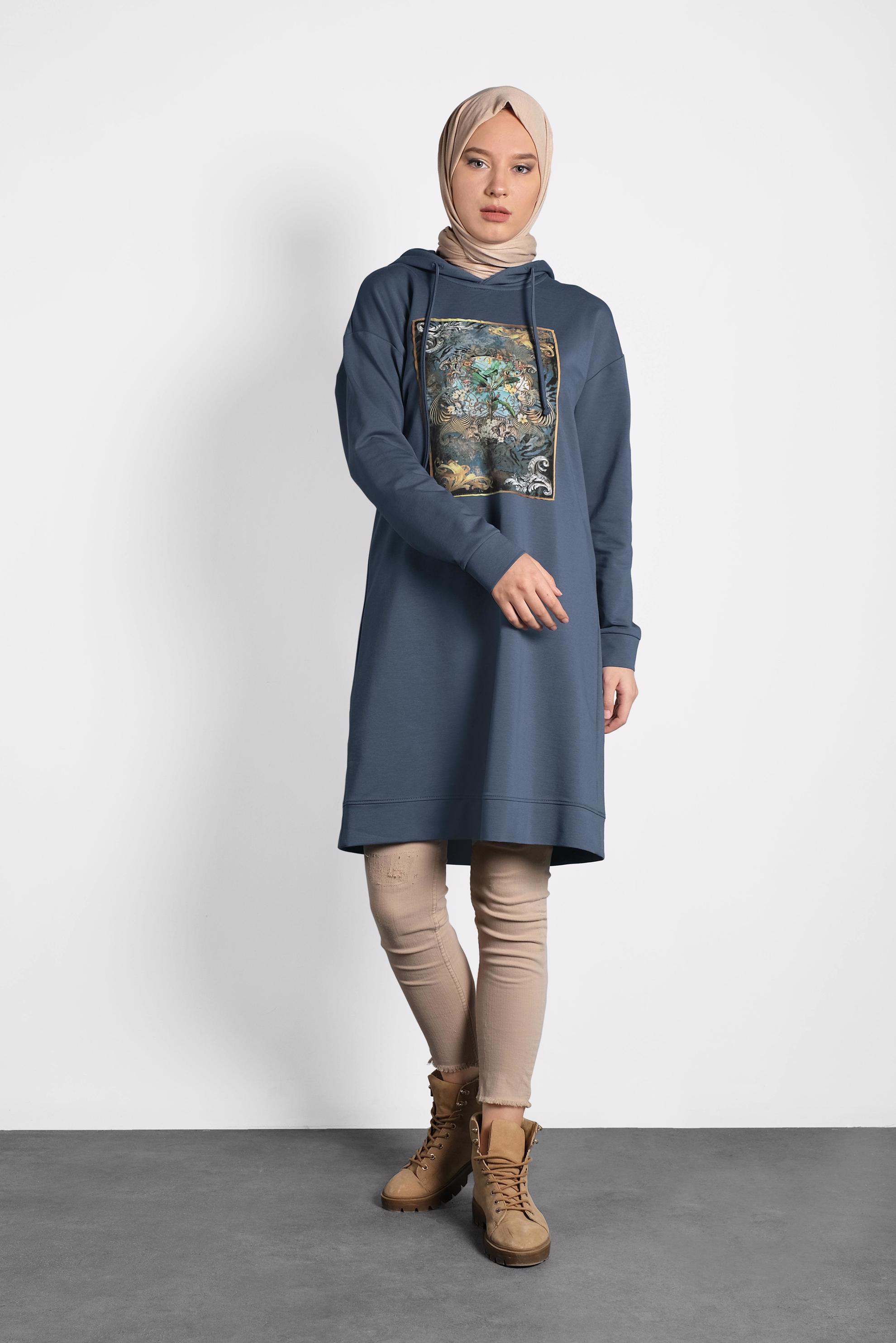 Tesettür giyim LACİVERT DESENLİ PAMUKLU EŞOFMAN TUNİK 40160