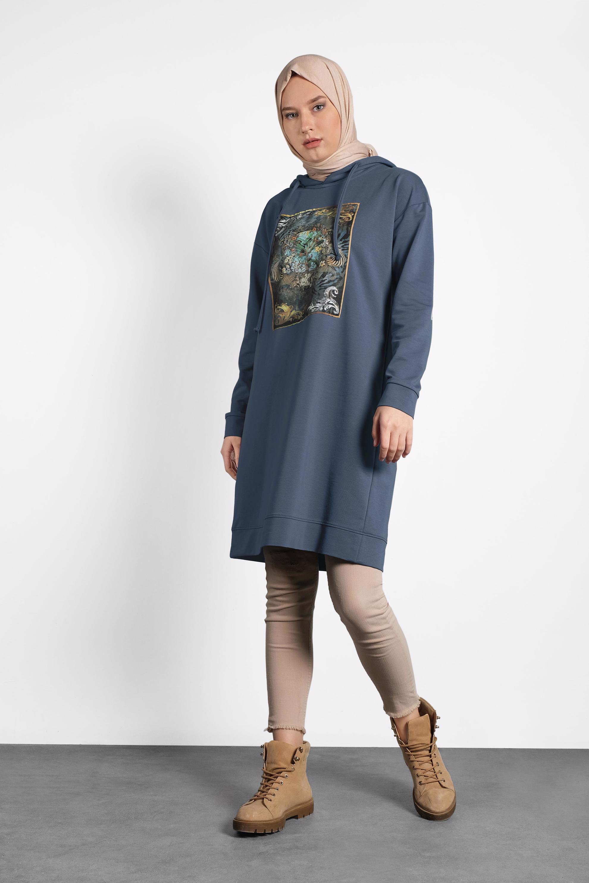 Tesettür giyim LACİVERT DESENLİ PAMUKLU EŞOFMAN TUNİK 40160
