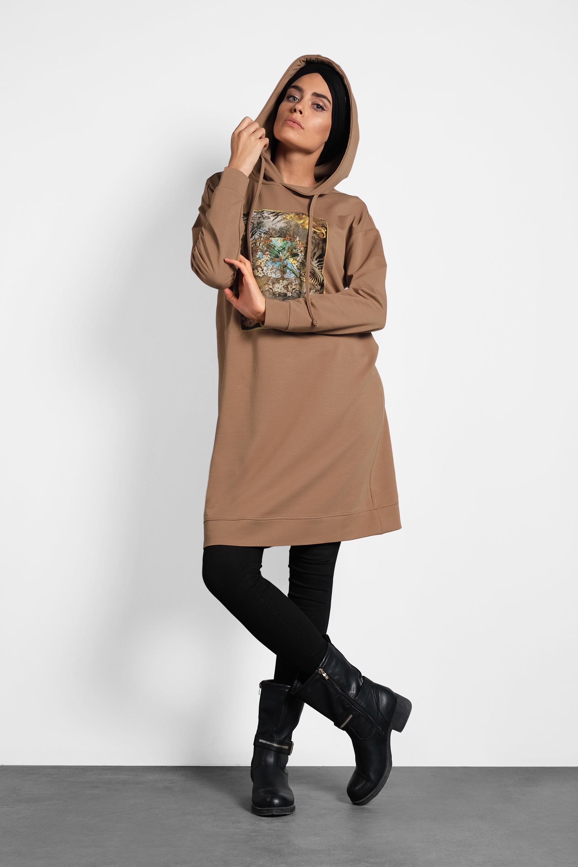 Tesettür giyim TABA DESENLİ PAMUKLU EŞOFMAN TUNİK 40160