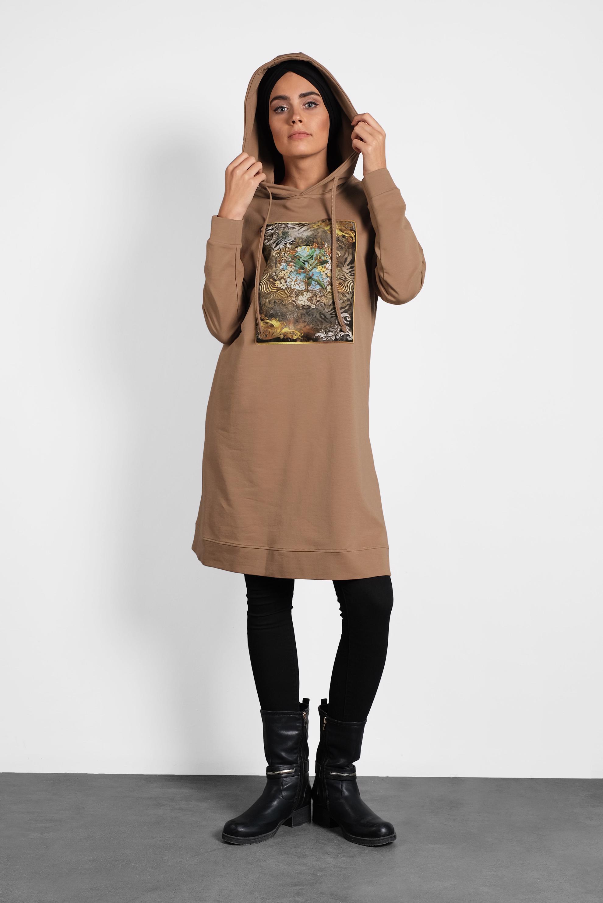 Tesettür giyim TABA DESENLİ PAMUKLU EŞOFMAN TUNİK 40160