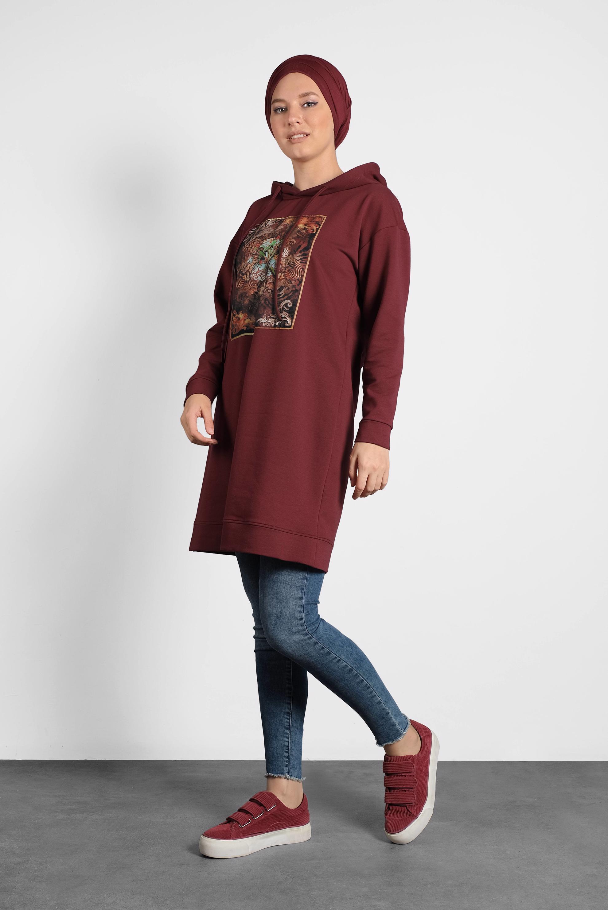 Tesettür giyim BORDO DESENLİ PAMUKLU EŞOFMAN TUNİK 40160