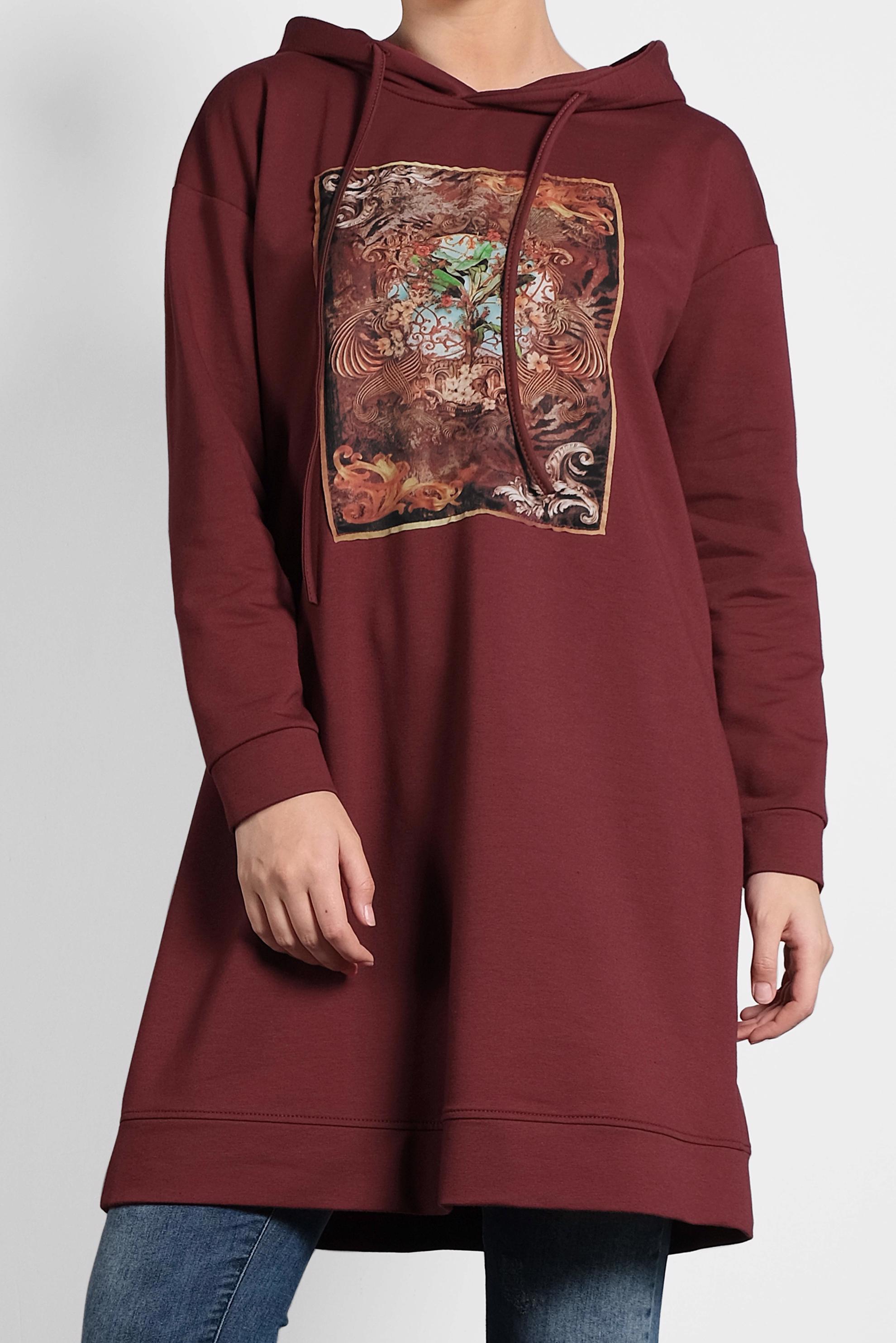 Tesettür giyim BORDO DESENLİ PAMUKLU EŞOFMAN TUNİK 40160