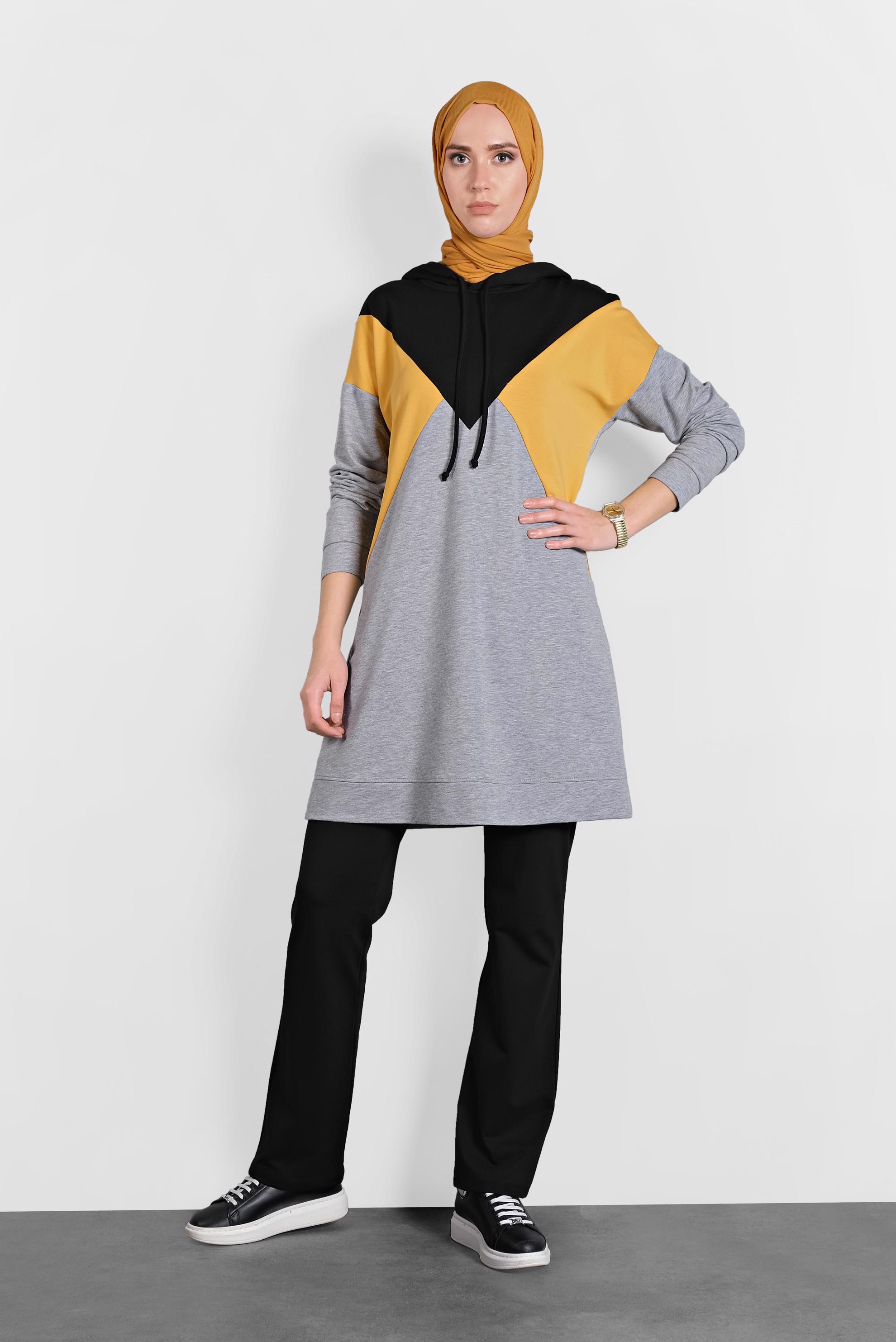 Tesettür giyim GRİ BAĞCIKLI KAPÜŞONLU İKİLİ EŞOFMAN TAKIM  40162 