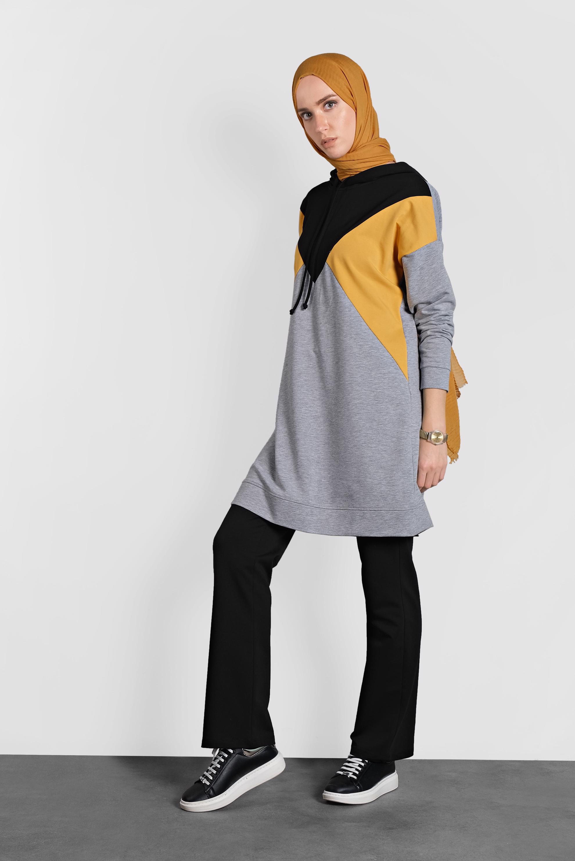 Tesettür giyim GRİ BAĞCIKLI KAPÜŞONLU İKİLİ EŞOFMAN TAKIM  40162 