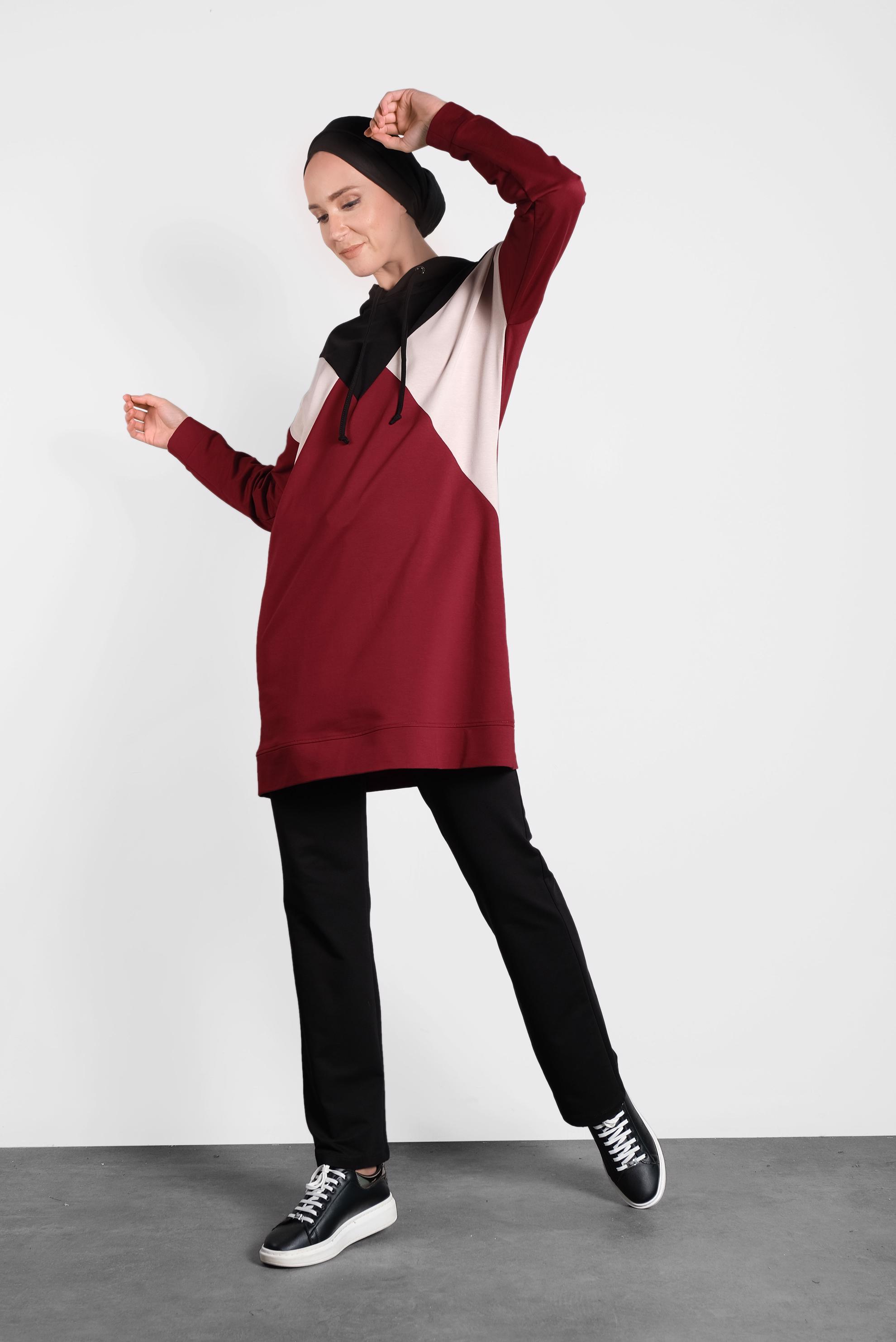 Tesettür giyim BORDO BAĞCIKLI KAPÜŞONLU İKİLİ EŞOFMAN TAKIM  40162 