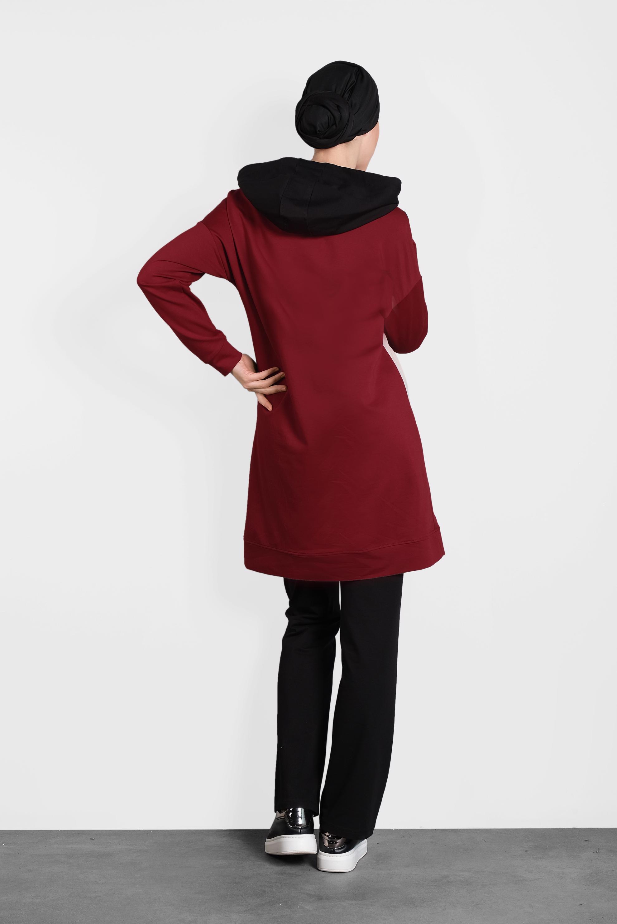 Tesettür giyim BORDO BAĞCIKLI KAPÜŞONLU İKİLİ EŞOFMAN TAKIM  40162 