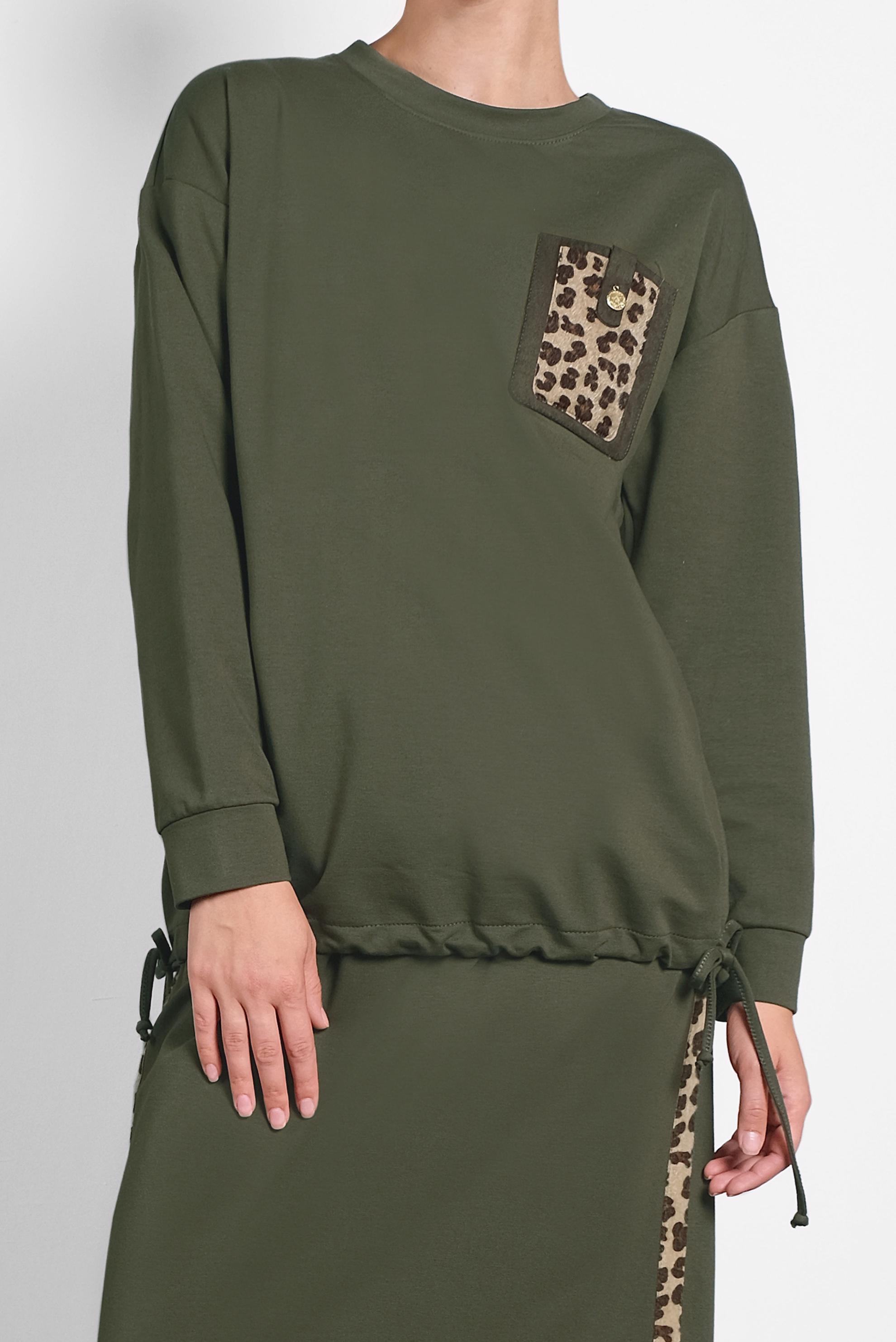 Tesettür giyim HAKİ CEPLİ LEOPAR DESENLİ BÜZGÜLÜ İKİLİ ETEKLİ TAKIM 40228 