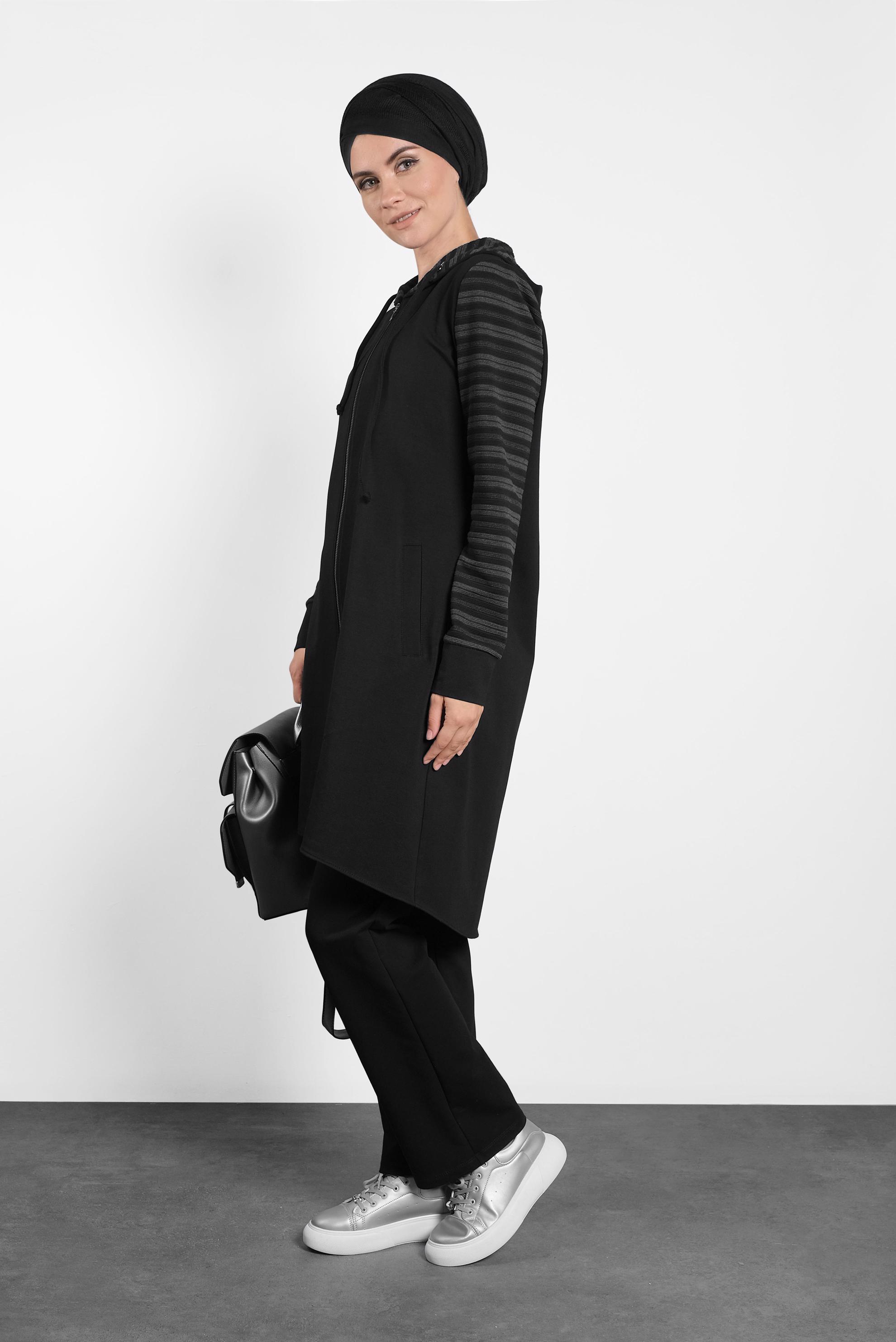 Tesettür giyim SİYAH ÇİZGİ DETAYLI İKİLİ PANTOLONLU EŞOFMAN TAKIM 40250