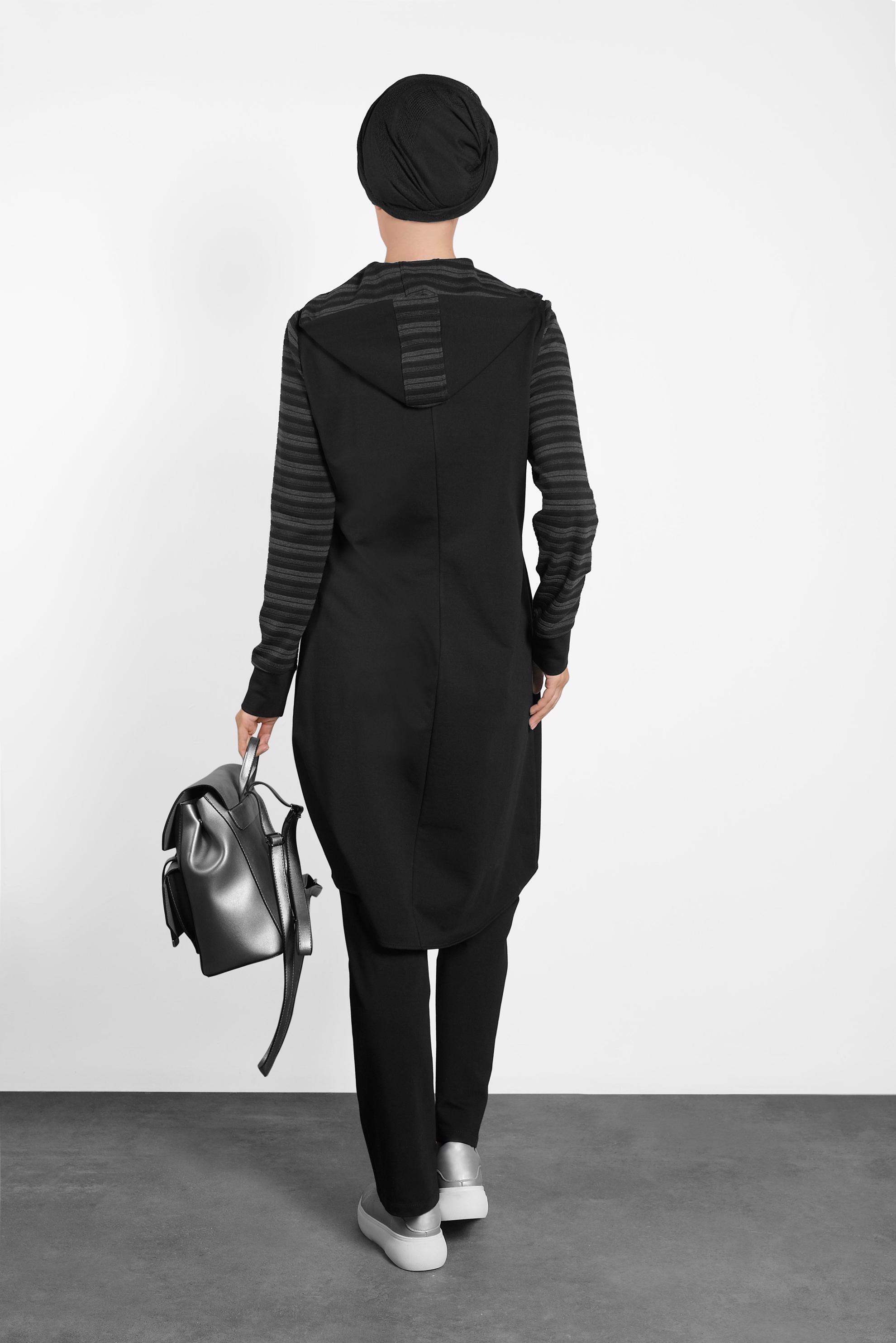 Tesettür giyim SİYAH ÇİZGİ DETAYLI İKİLİ PANTOLONLU EŞOFMAN TAKIM 40250