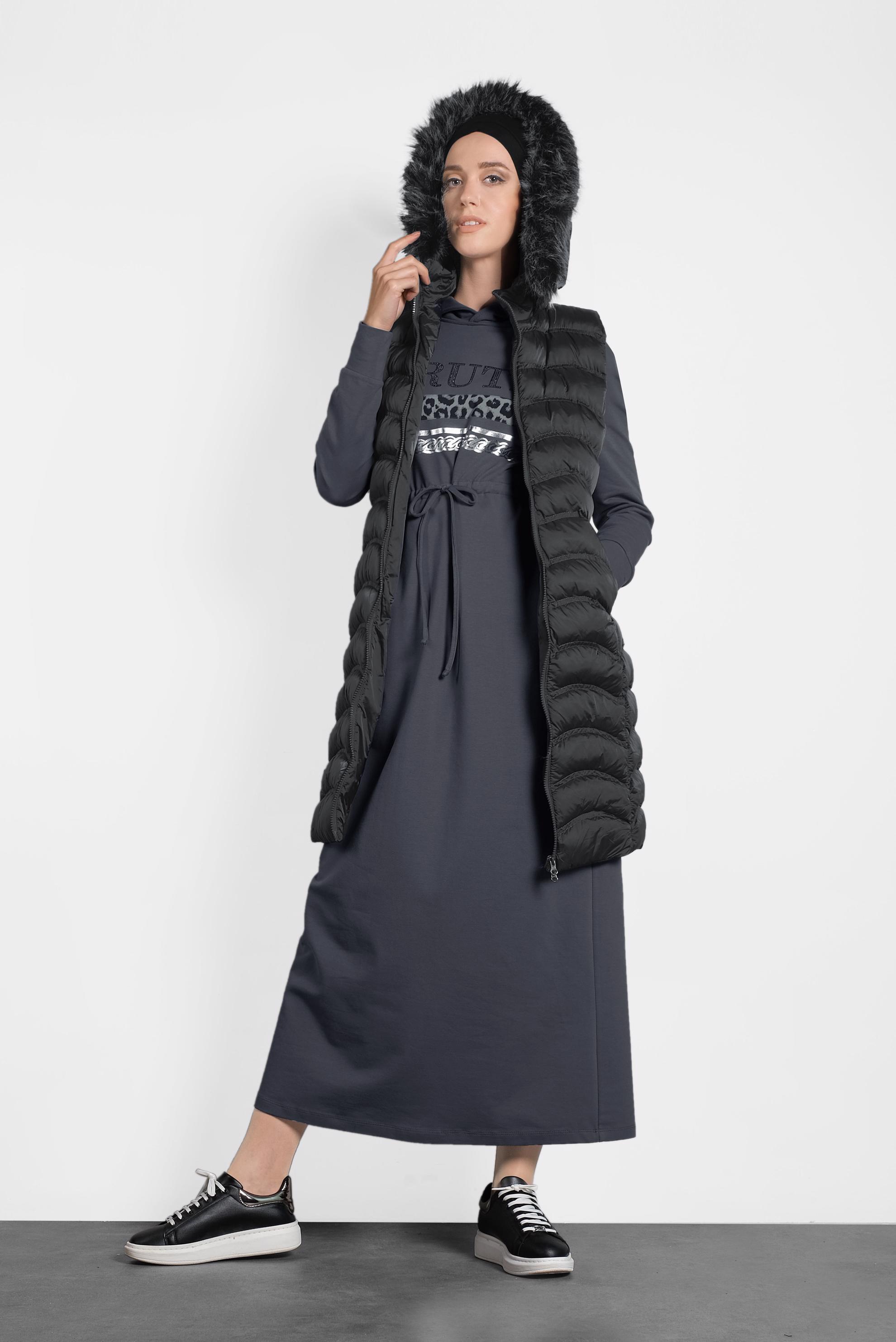 Tesettür giyim GRİ BAĞCIKLI LEOPAR DESENLİ EŞOFMAN ELBİSE 40254 