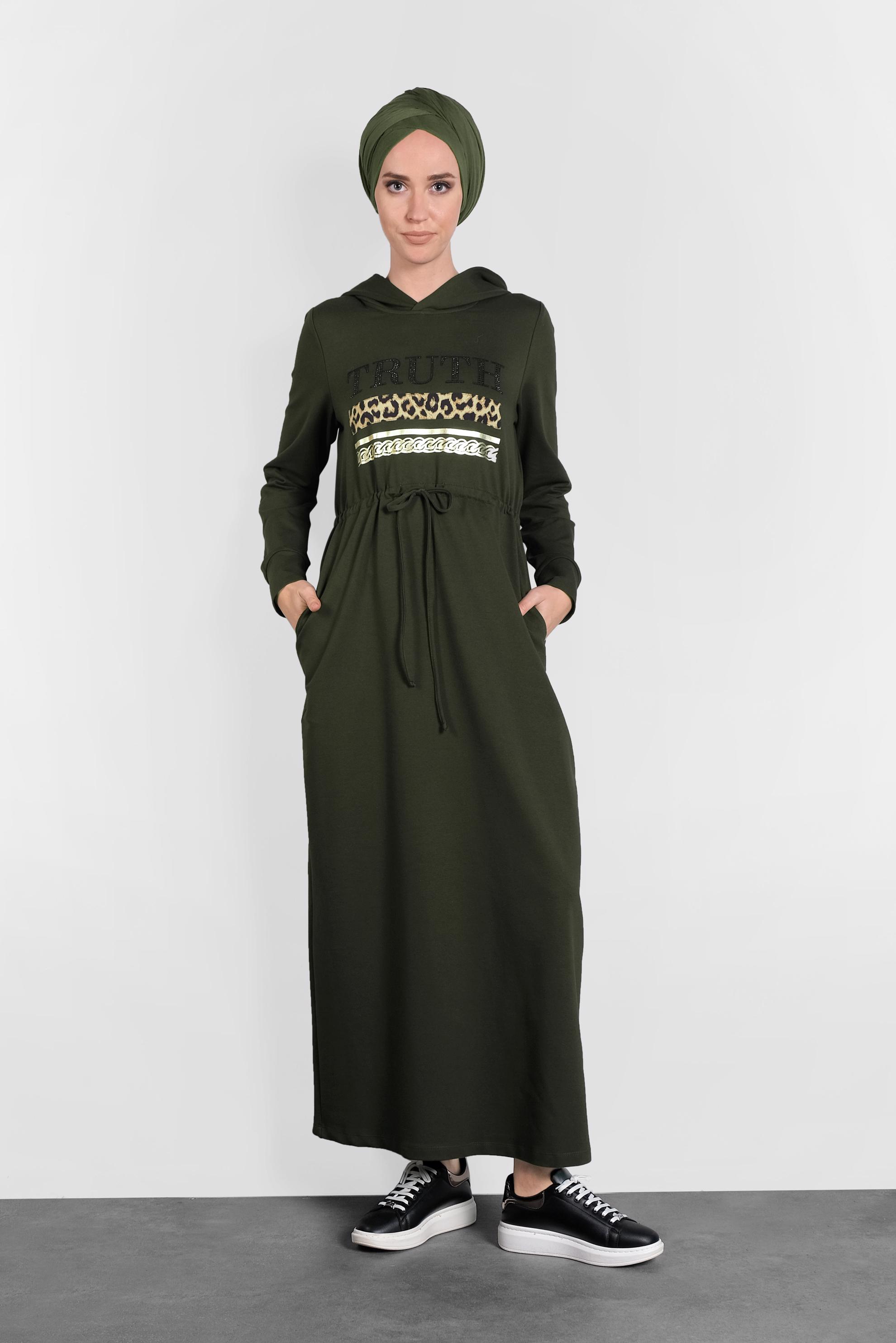 Tesettür giyim HAKİ BAĞCIKLI LEOPAR DESENLİ EŞOFMAN ELBİSE 40254 