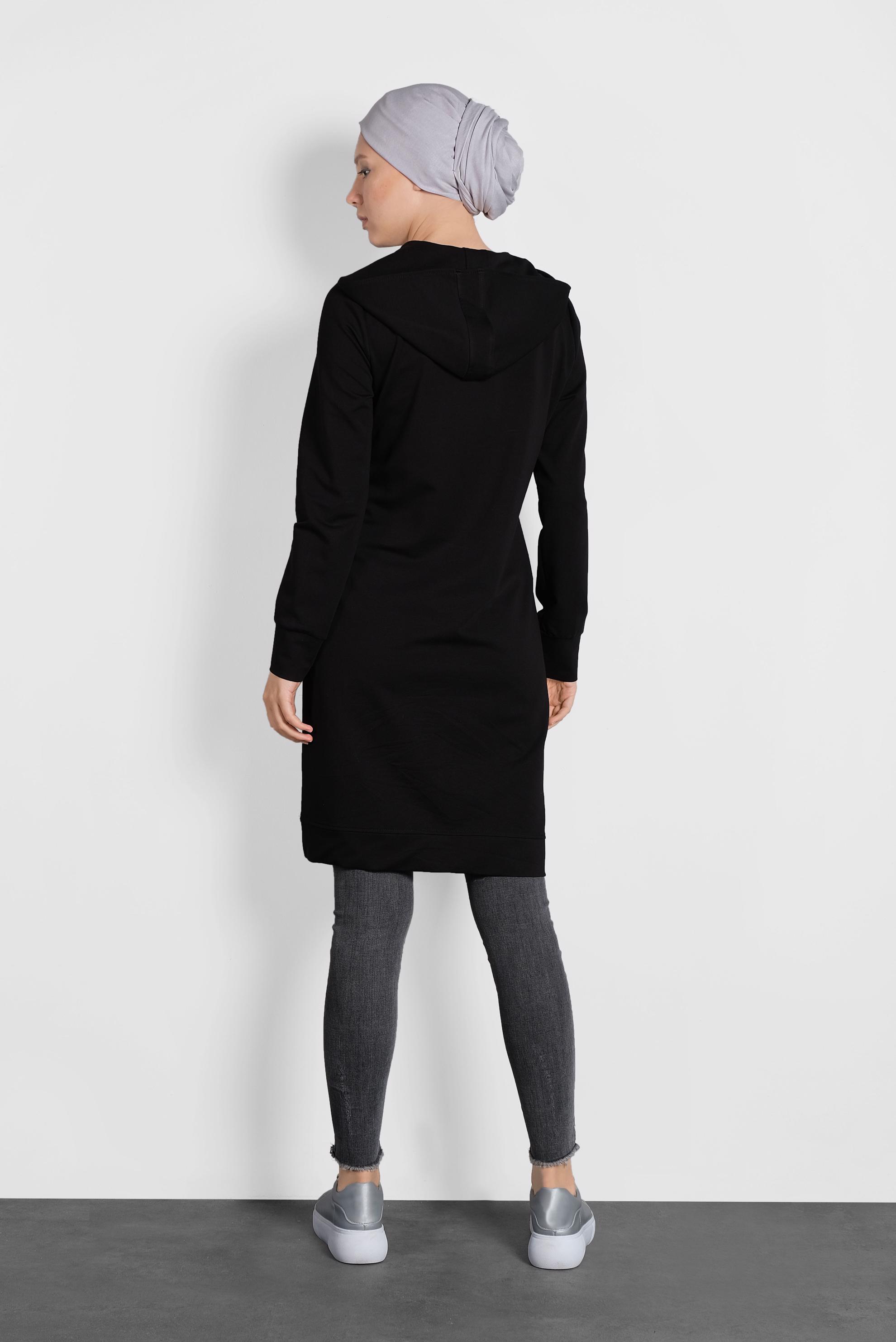 Tesettür giyim SİYAH SİMLİ BAĞCIKLI KAPÜŞONLU TUNİK 40275