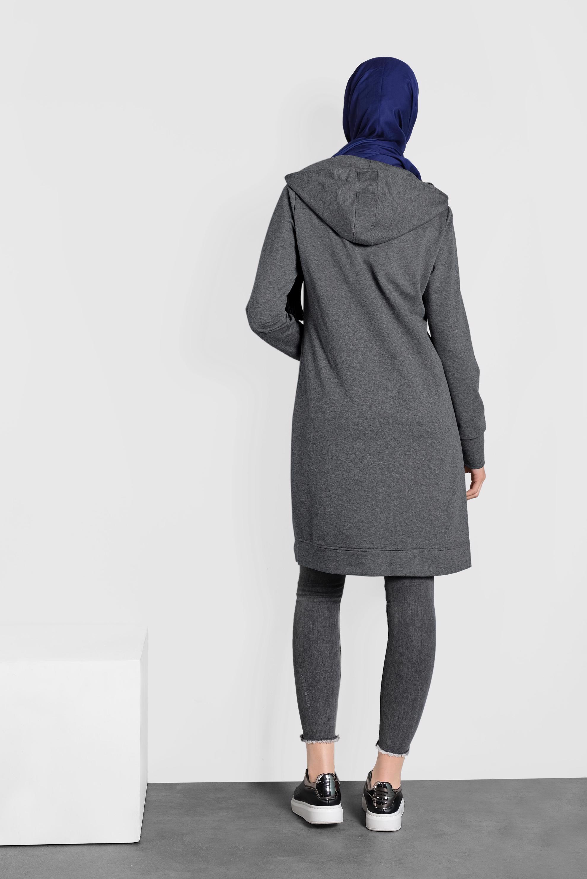 Tesettür giyim GRİ SİMLİ BAĞCIKLI KAPÜŞONLU TUNİK 40275