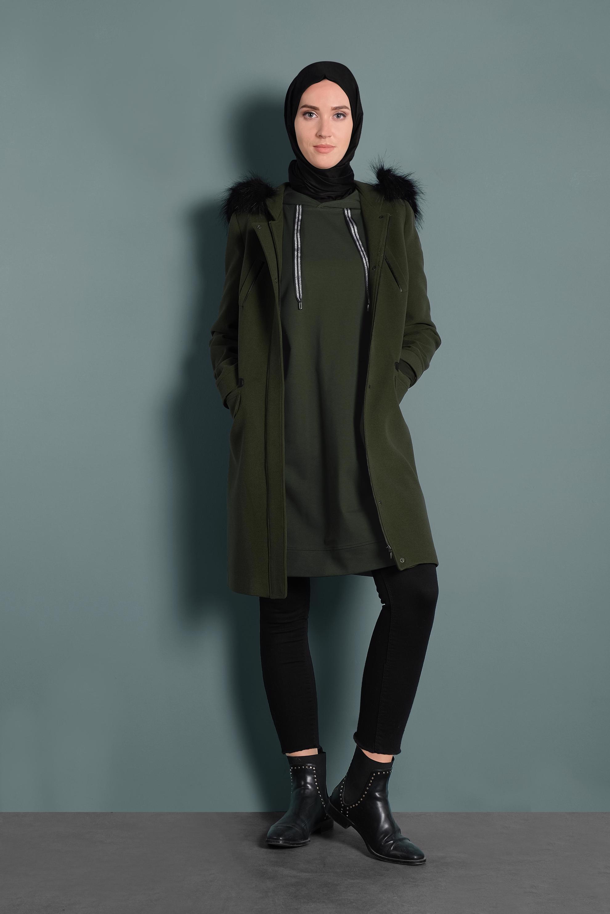 Tesettür giyim HAKİ SİMLİ BAĞCIKLI KAPÜŞONLU TUNİK 40275