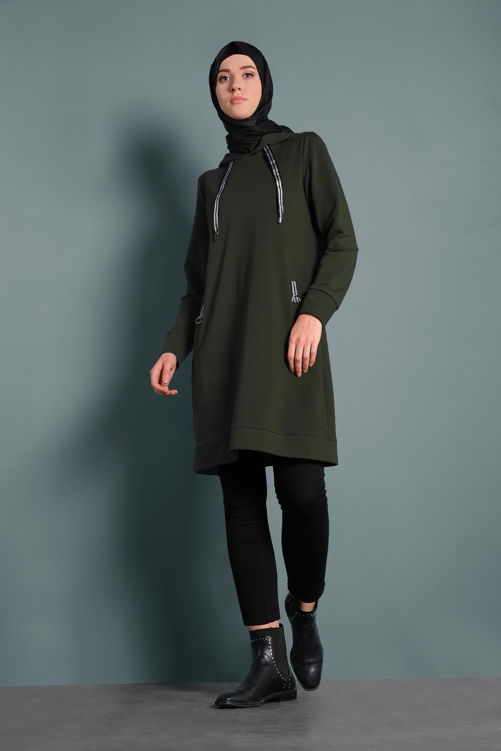Tesettür giyim HAKİ SİMLİ BAĞCIKLI KAPÜŞONLU TUNİK 40275