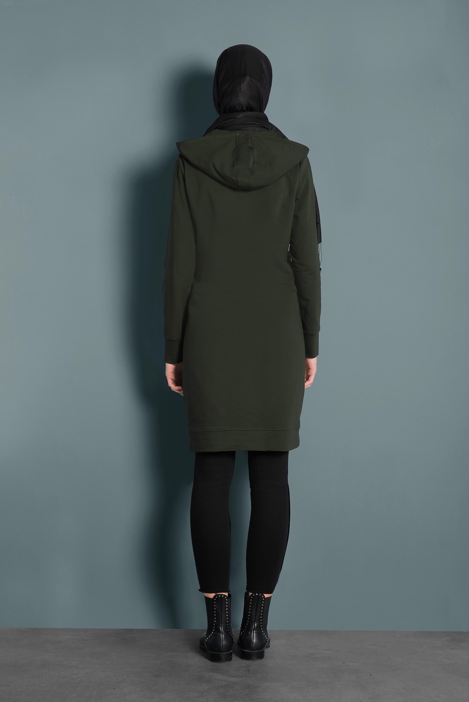 Tesettür giyim HAKİ SİMLİ BAĞCIKLI KAPÜŞONLU TUNİK 40275