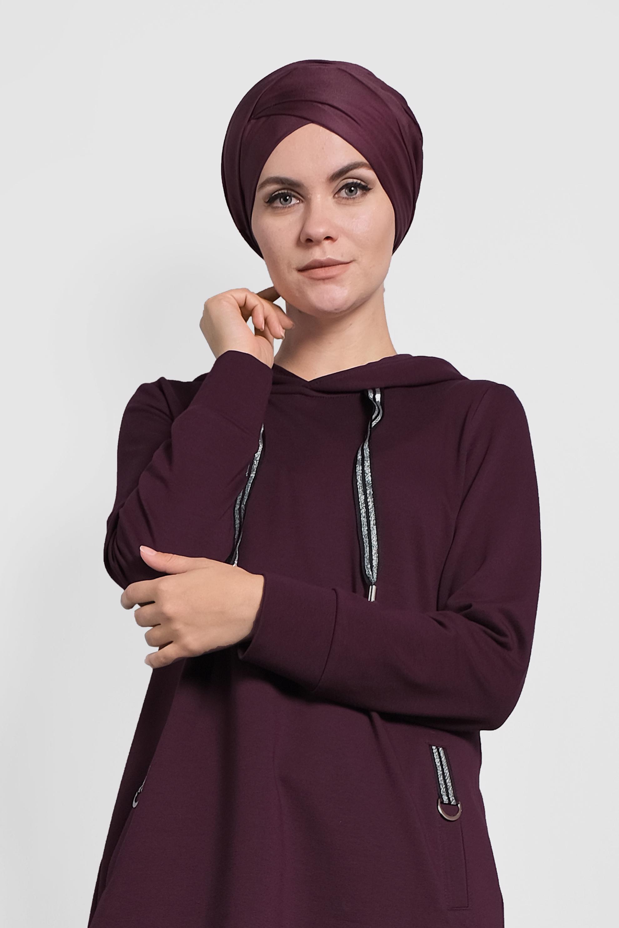 Tesettür giyim BORDO SİMLİ BAĞCIKLI KAPÜŞONLU TUNİK 40275