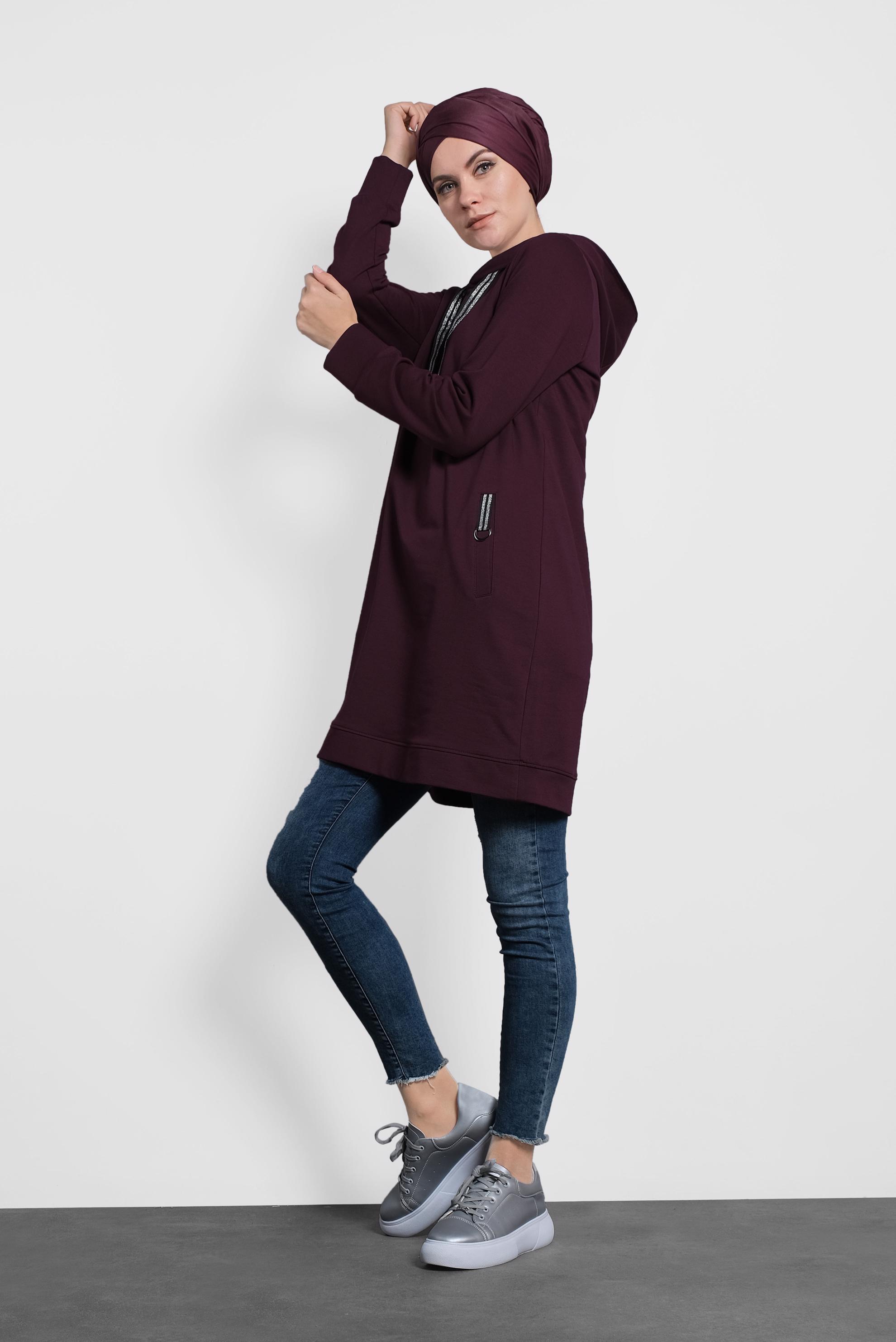 Tesettür giyim BORDO SİMLİ BAĞCIKLI KAPÜŞONLU TUNİK 40275