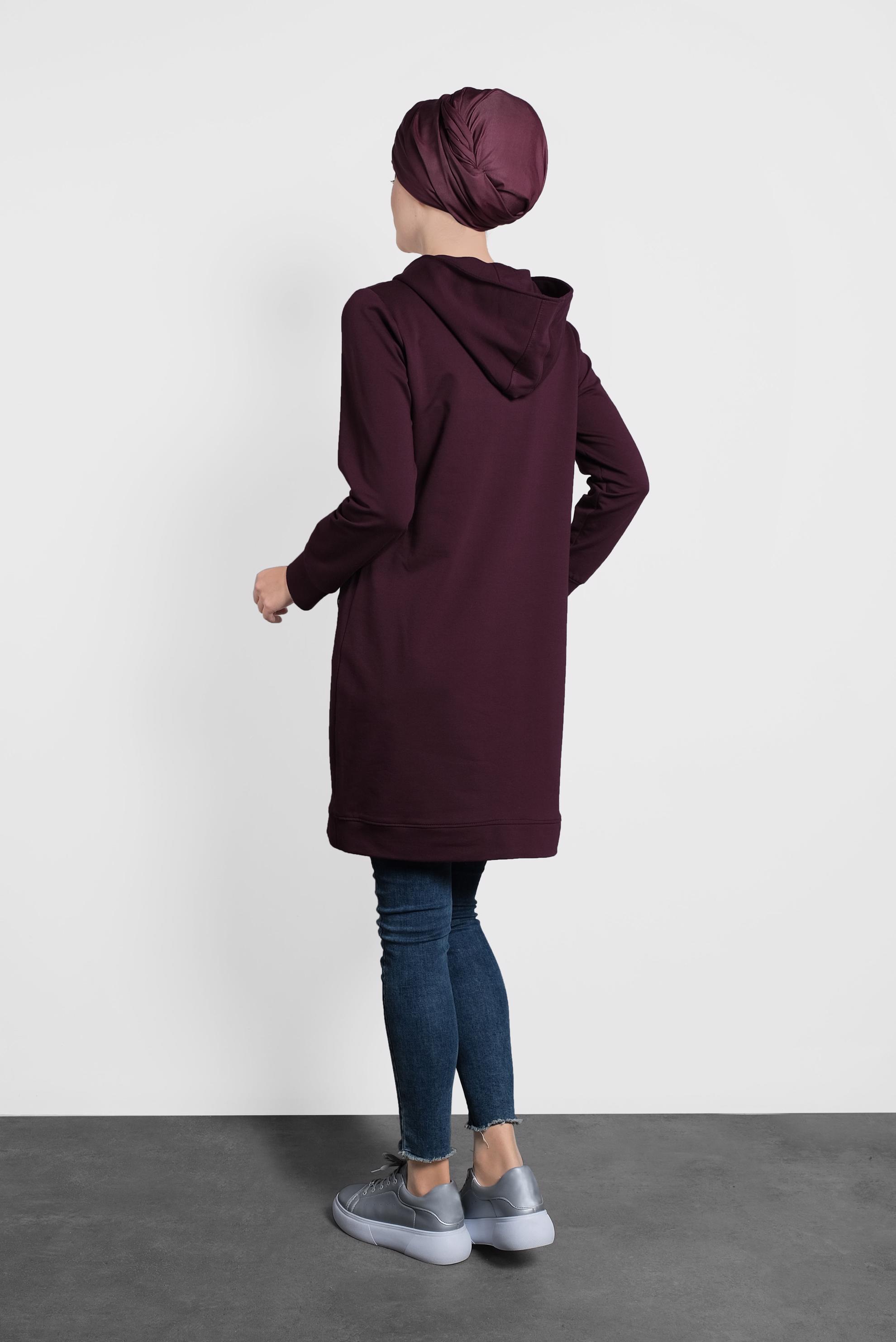 Tesettür giyim BORDO SİMLİ BAĞCIKLI KAPÜŞONLU TUNİK 40275
