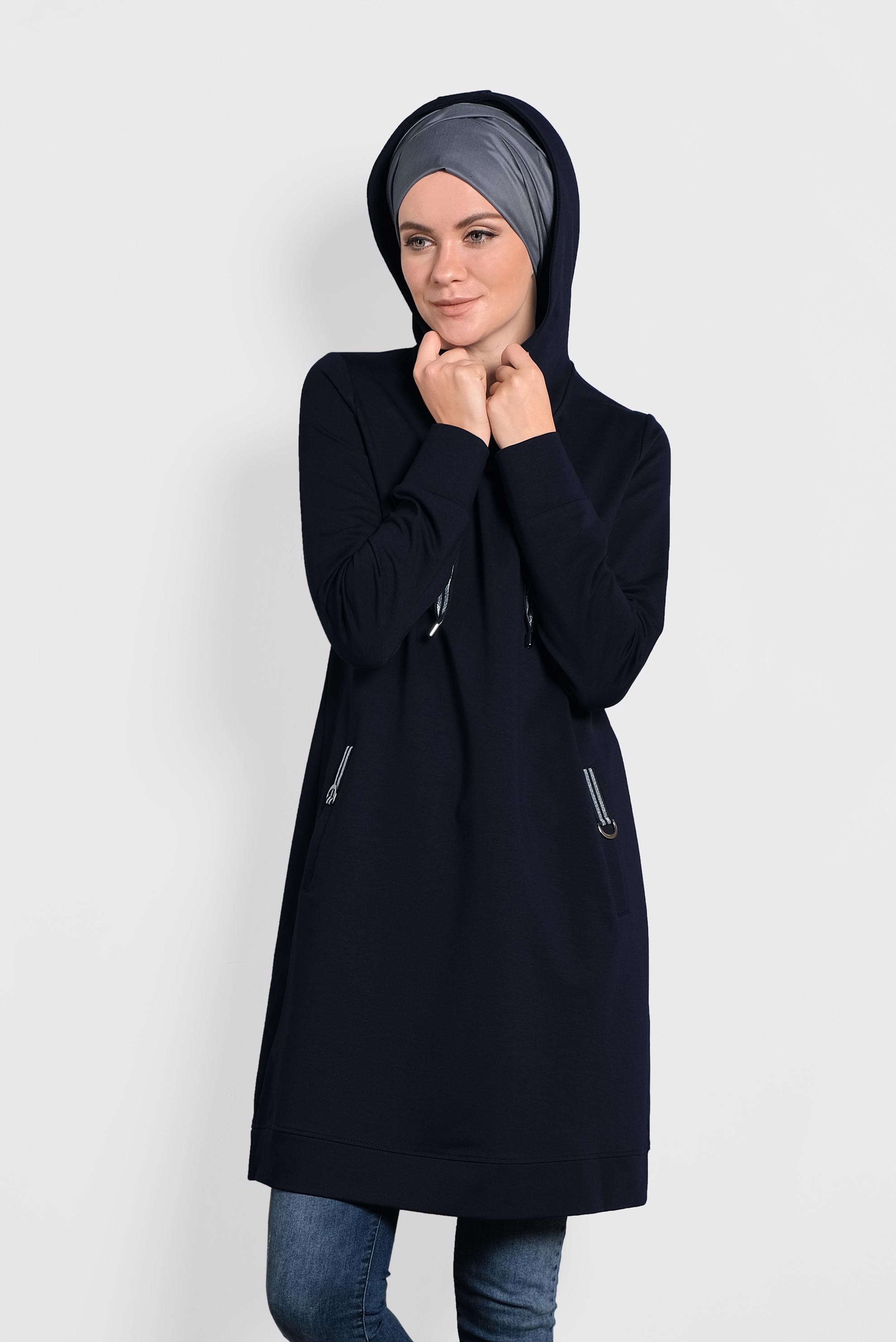 Tesettür giyim LACİVERT SİMLİ BAĞCIKLI KAPÜŞONLU TUNİK 40275