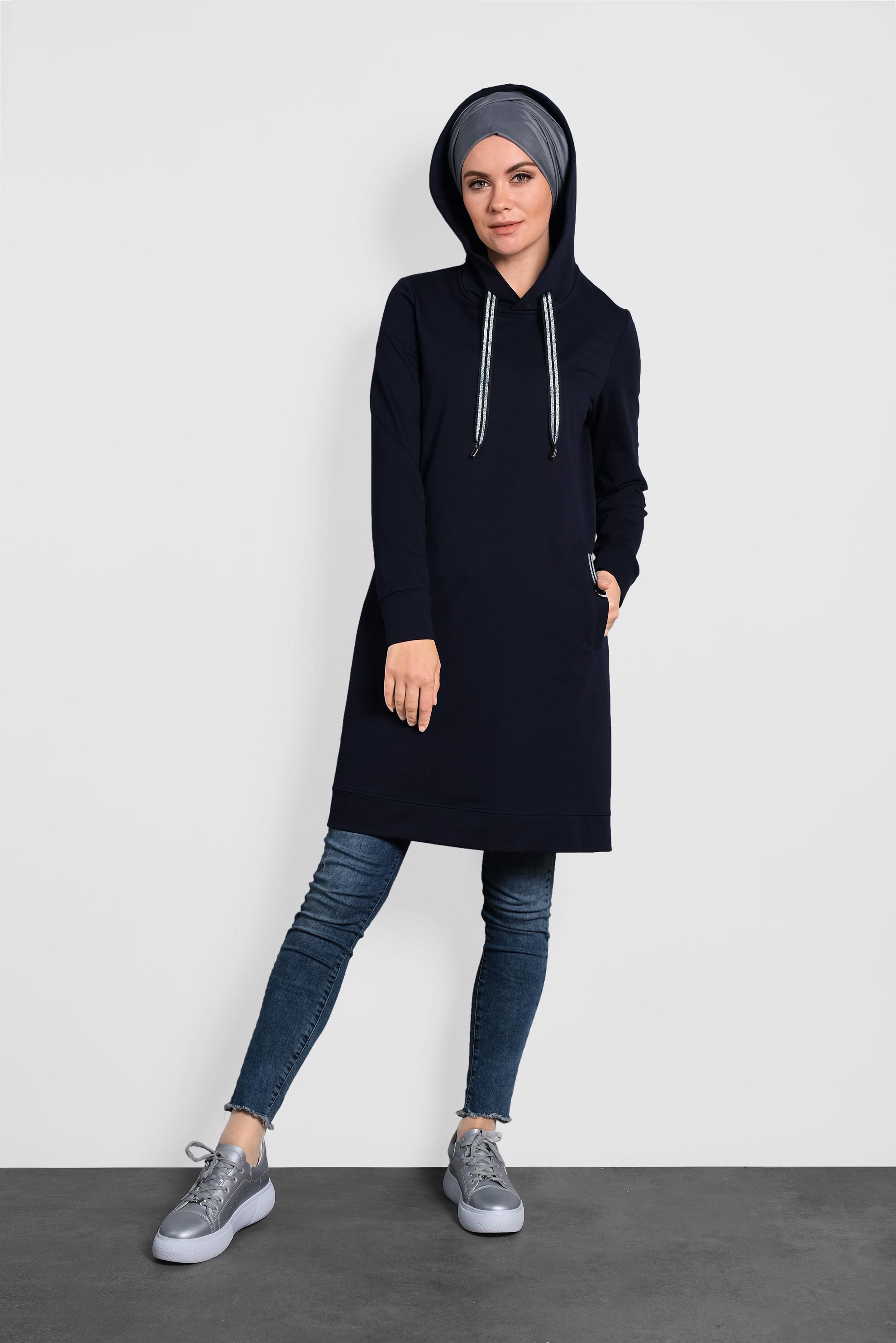 Tesettür giyim LACİVERT SİMLİ BAĞCIKLI KAPÜŞONLU TUNİK 40275