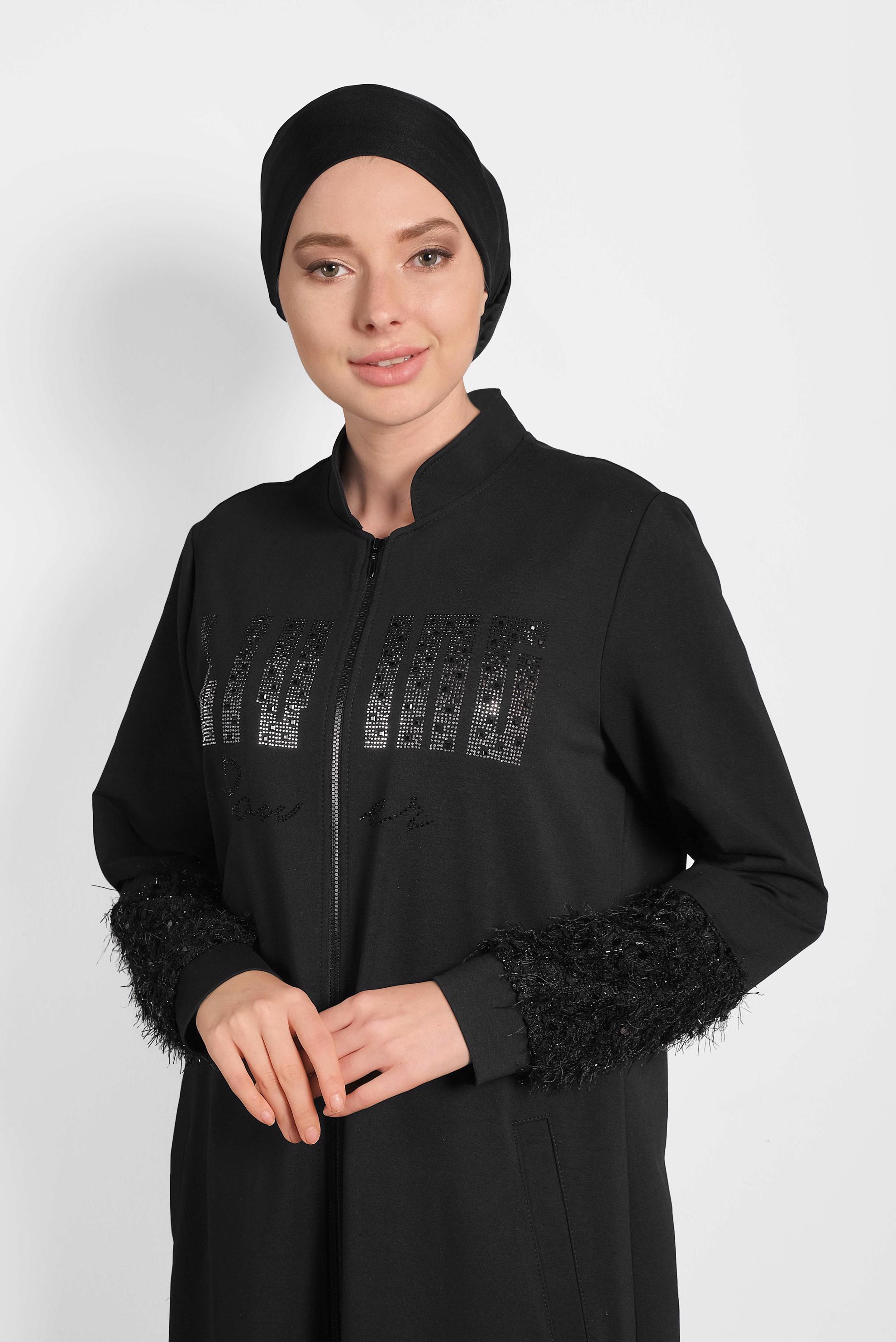 Tesettür giyim SİYAH HAKİM YAKA SAÇAKLI EŞOFMAN TUNİK 40324