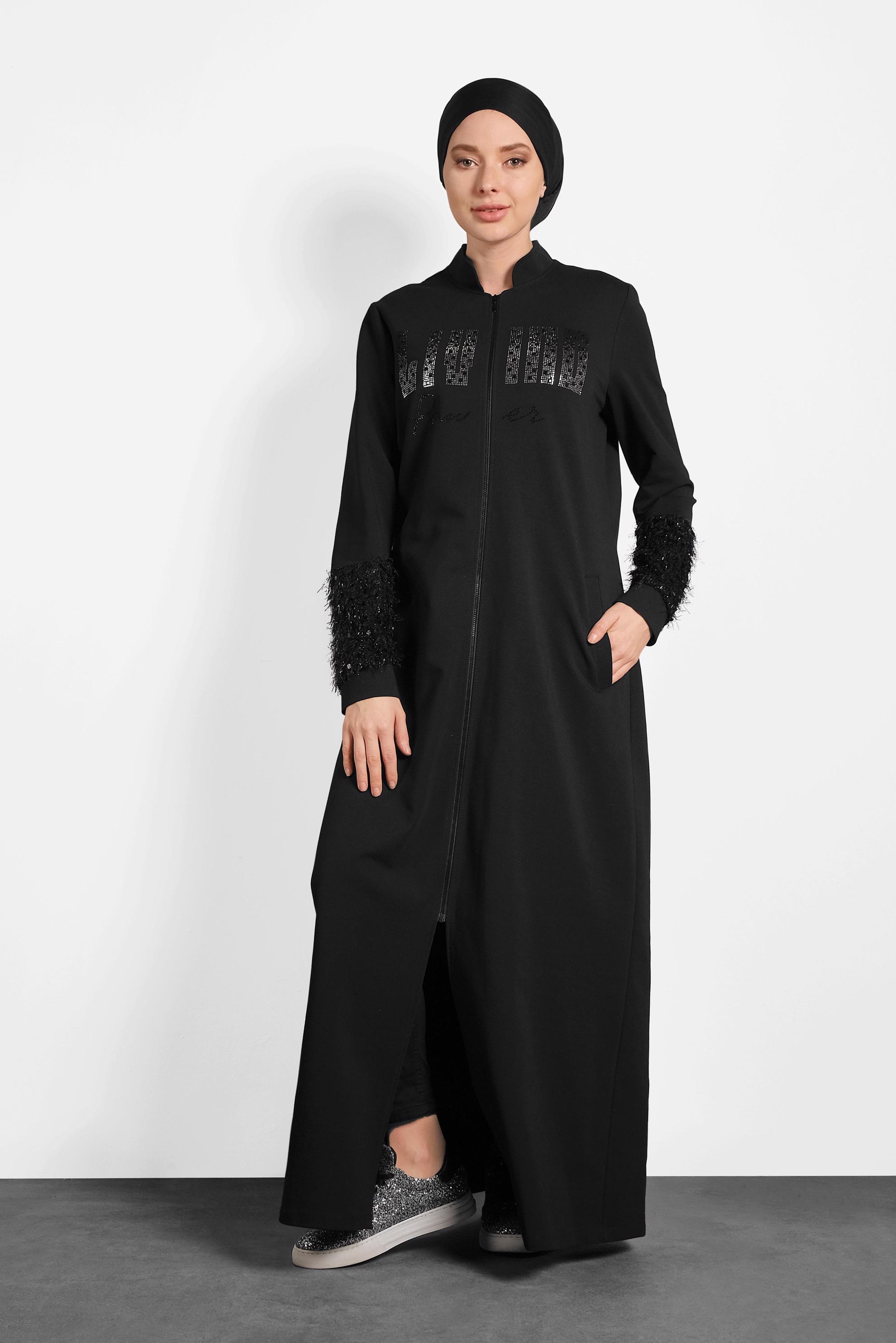 Tesettür giyim SİYAH HAKİM YAKA SAÇAKLI EŞOFMAN TUNİK 40324