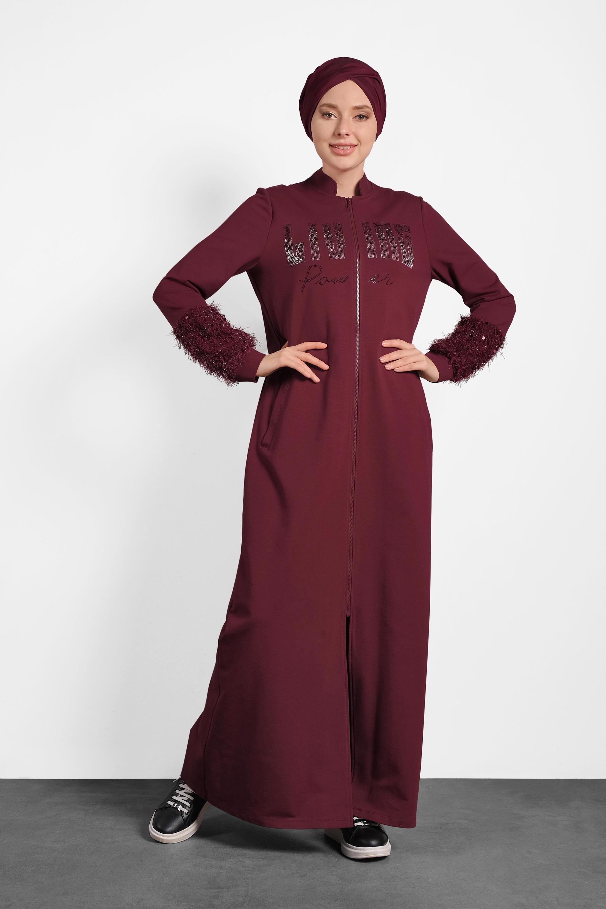 Tesettür giyim BORDO HAKİM YAKA SAÇAKLI EŞOFMAN TUNİK 40324
