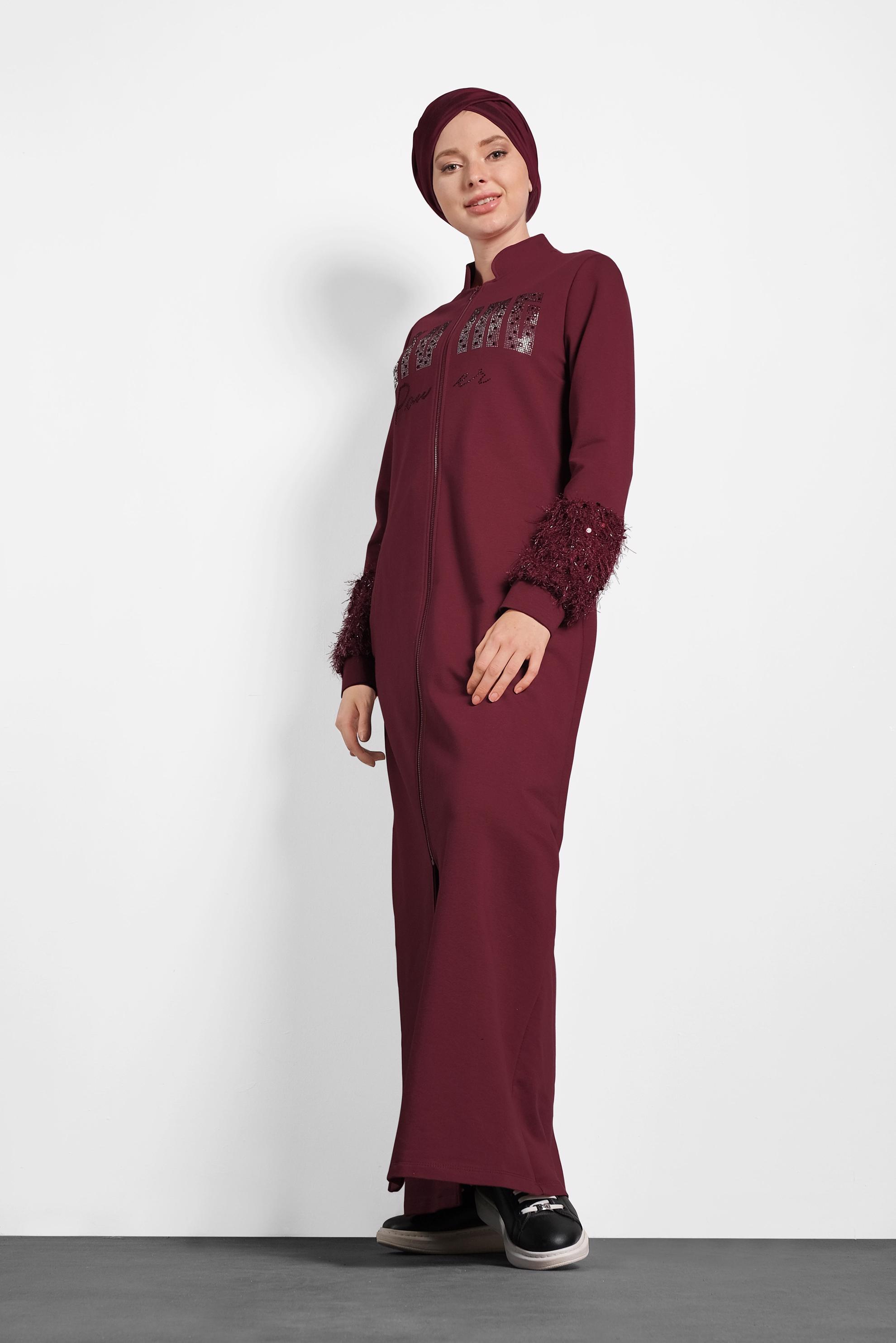 Tesettür giyim BORDO HAKİM YAKA SAÇAKLI EŞOFMAN TUNİK 40324