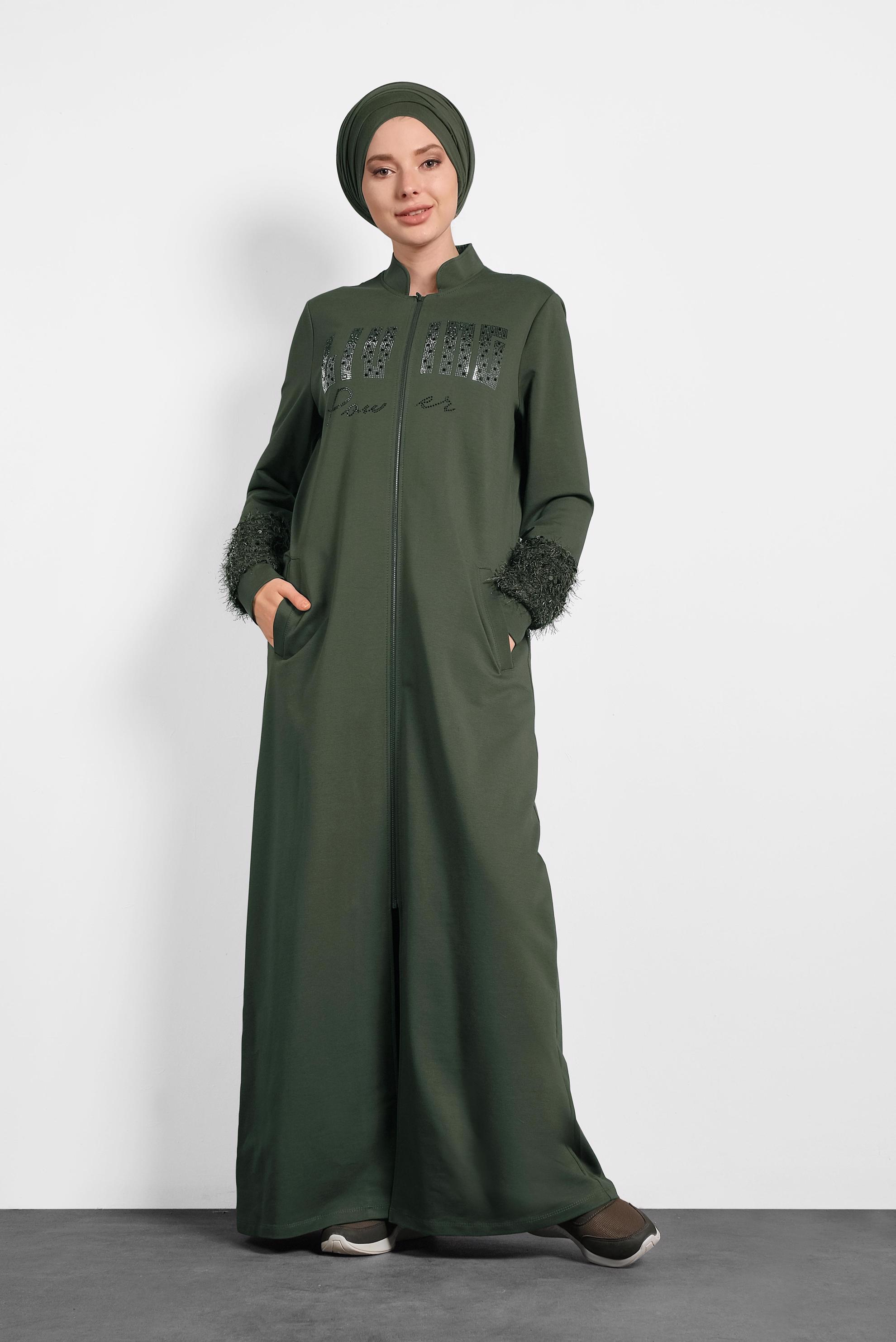 Tesettür giyim HAKİ HAKİM YAKA SAÇAKLI EŞOFMAN TUNİK 40324