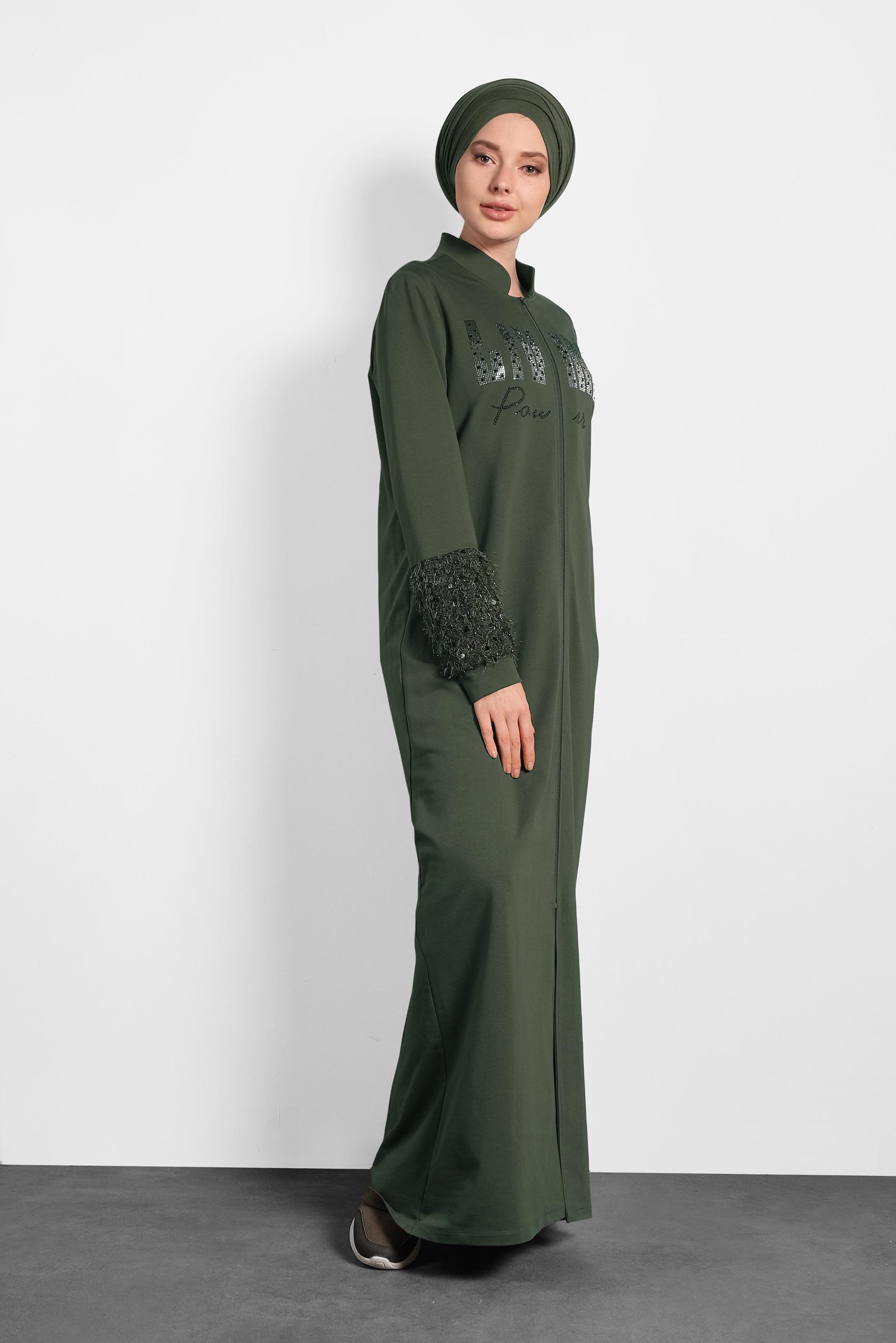 Tesettür giyim HAKİ HAKİM YAKA SAÇAKLI EŞOFMAN TUNİK 40324