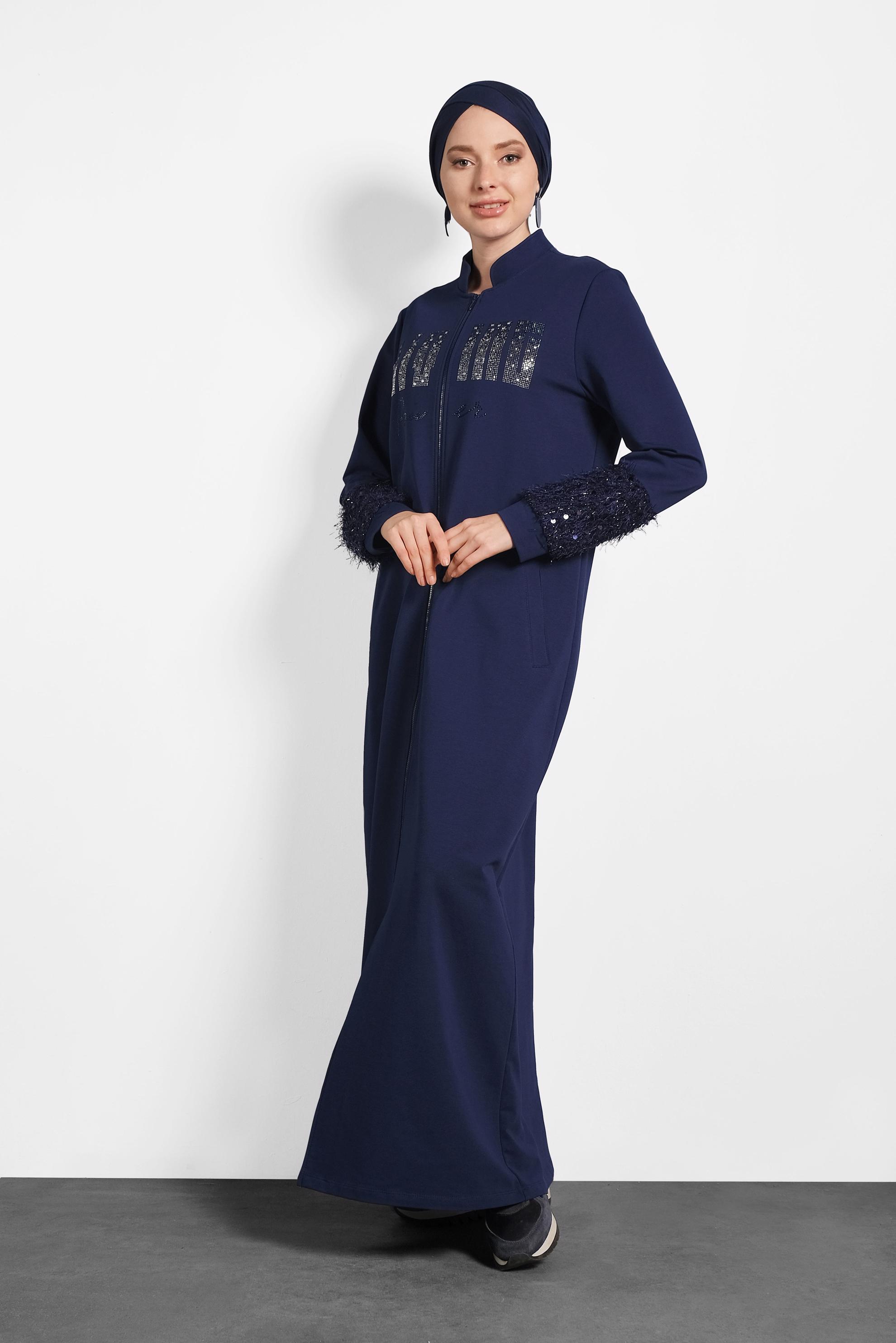 Tesettür giyim LACİVERT HAKİM YAKA SAÇAKLI EŞOFMAN TUNİK 40324